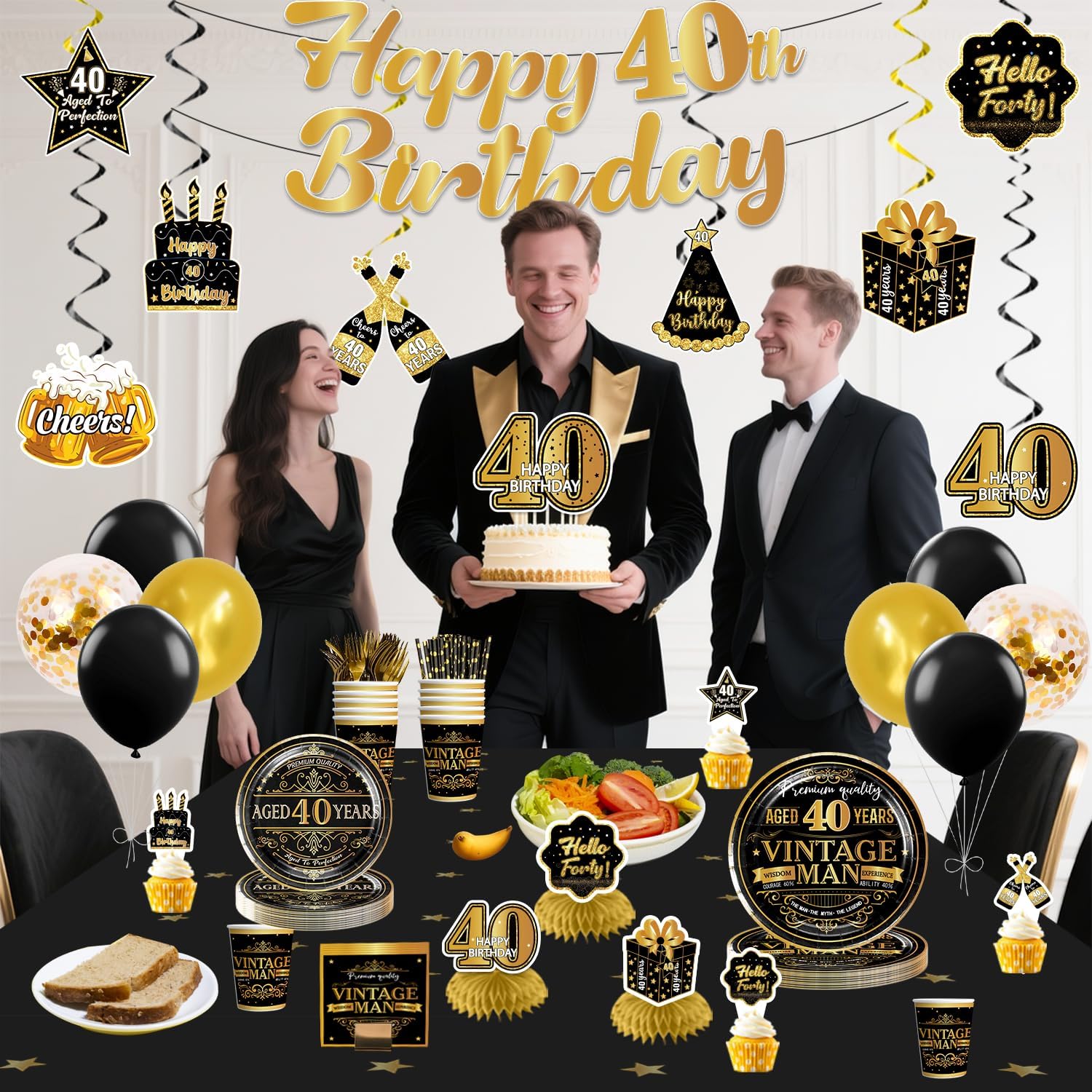 213 Pcs Vintage 40th Birthday Decorations For Men, Pre-strung Happy 40th Birthday Banner, Balloons, Plates and Napkins Set with 2 Pcs Tablecloth, Classy 40th Vintage 1986 Birthday Party Supplies - Image 7