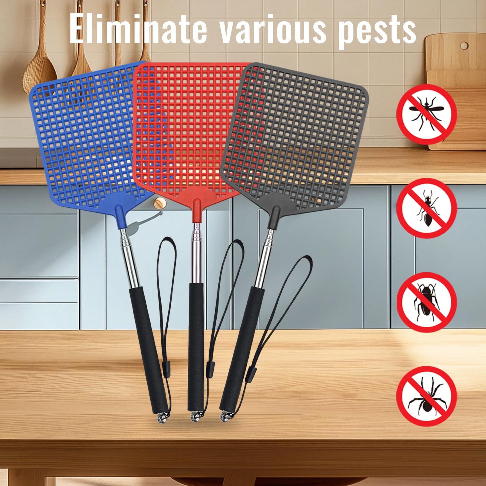 3 Pezzi paletta mosche,Scacciamosche Estensibile, Colorato Manuale paletta per mosche,Portatile Scacciamosche Plastica per Mosche,Zanzare e Insetti (Negro, Rosso, Blu)
