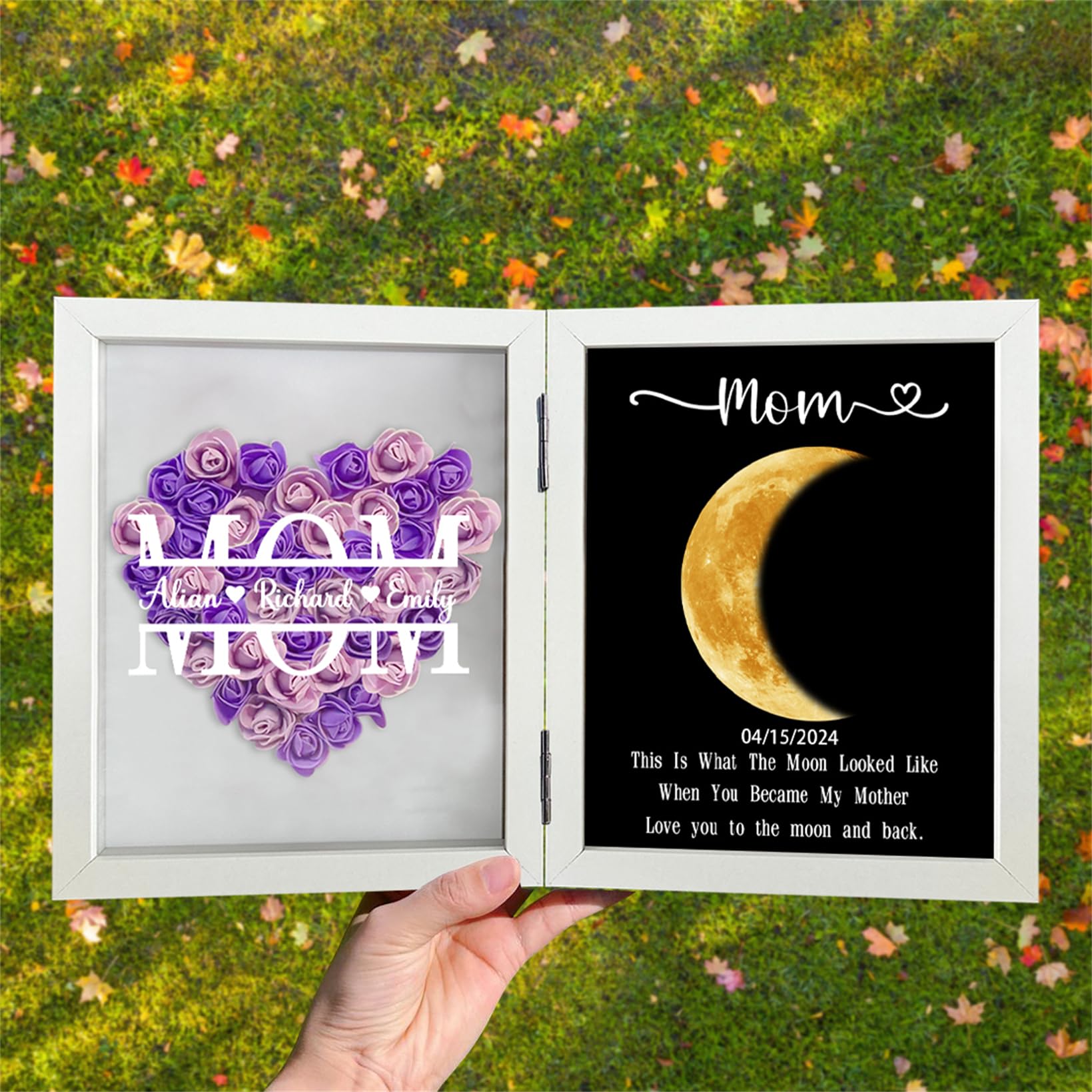 Marco de fotos personalizado de fase lunar con nombre, cumpleaños, día de la madre, rosa, flores, sombra, marco de arte de fase lunar, decoración de pared de fase lunar real para mamá,
