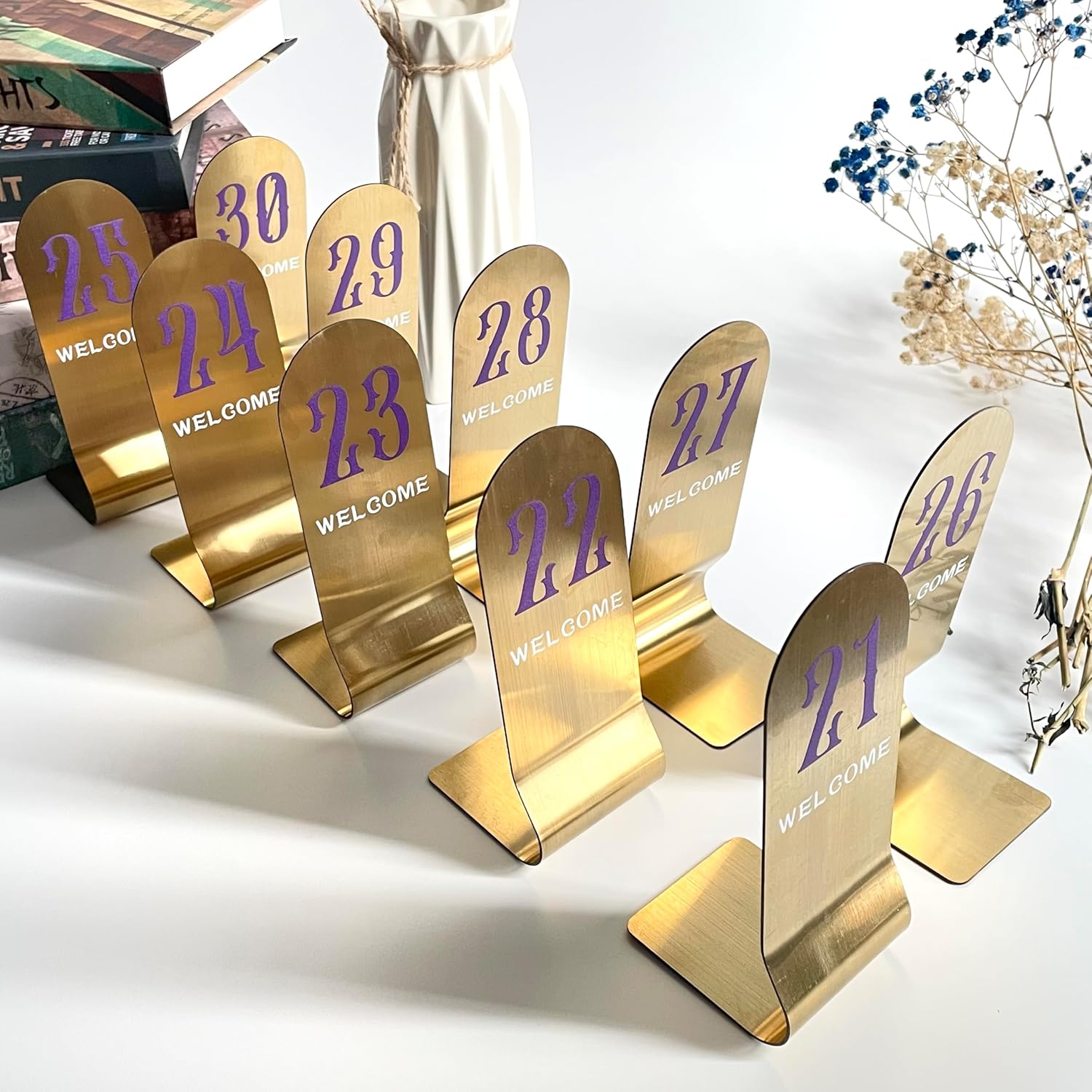 10pcs 6/8 Inch Stainless Steel Place Cards Vertical Double Sided Table Numbers,Stackable Metal Place Card Holders (6" Golden Purple and White, 21-30)