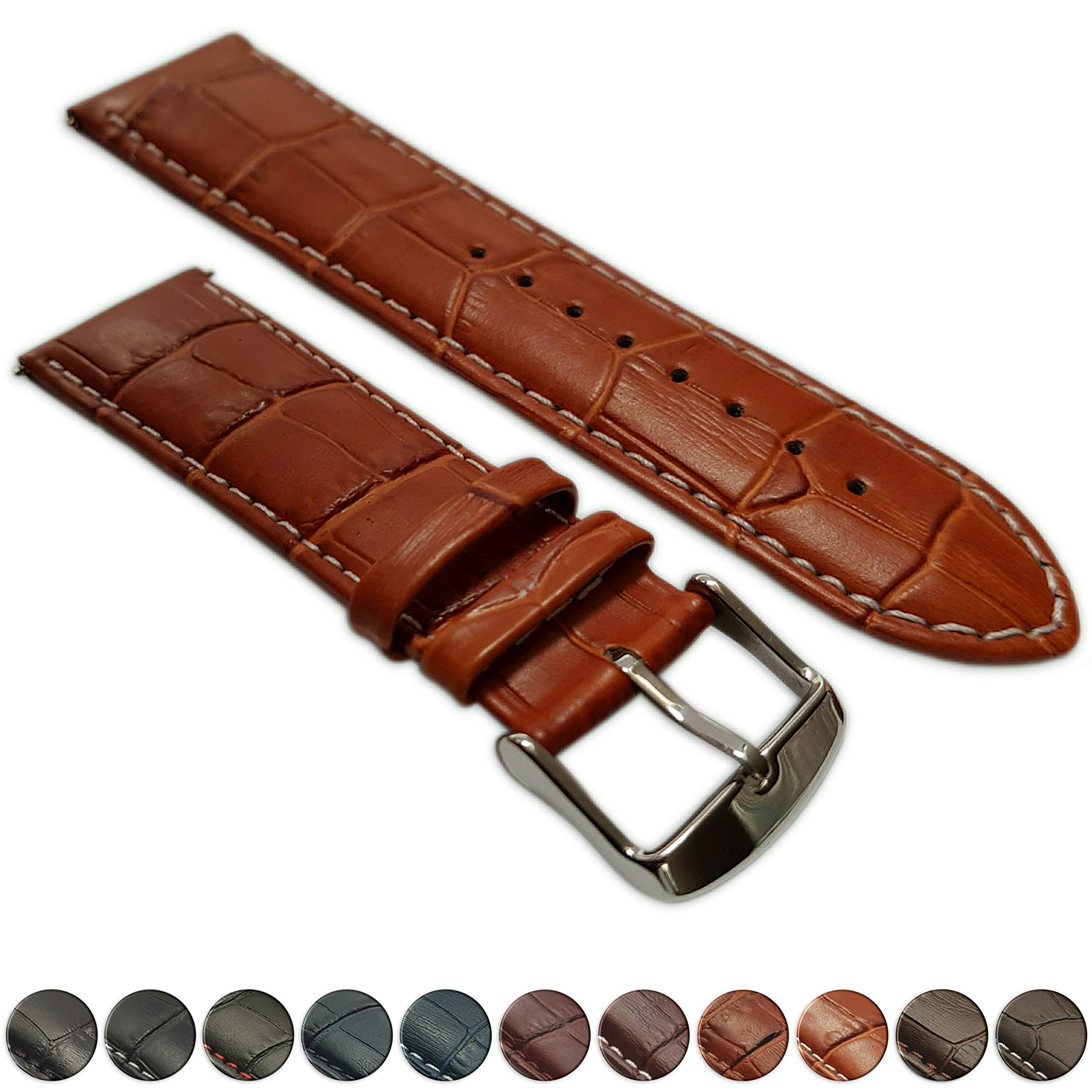 Jewellers Tools Men's White 24Mm Extra Long Genuine Leather Mock Croc Watch Strap Band Padded Ss Buckle Xl Tan