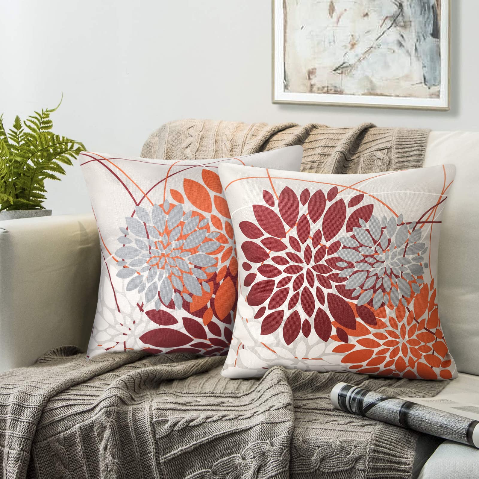 Set of 2 Cushions Covers Red and Orange 40 × 40 Cushion Covers Dahlia Country House Double Sided Geometric Print Flower Pattern Cushion Cover for Living Room Sofa Cushions Decoration