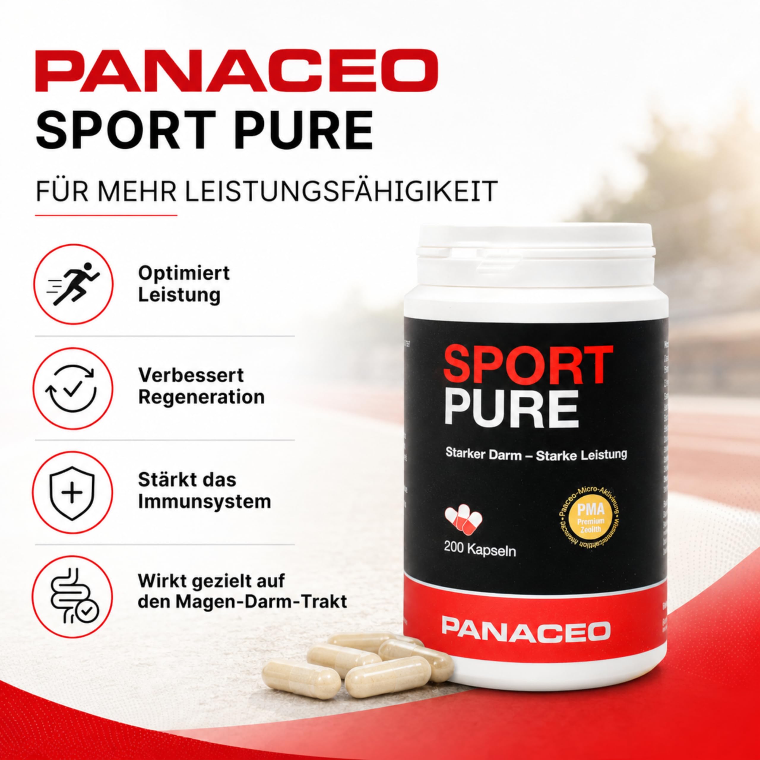 PANACEO Sport Pure – 100% PMA Zeolith 200 Kapseln – Ergänzungsmittel zur Optimierung der Leistungsfähigkeit & Regeneration – Stärkt den Magen-Darm-Trakt, das Immunsystem & reduziert die Laktabelastung
