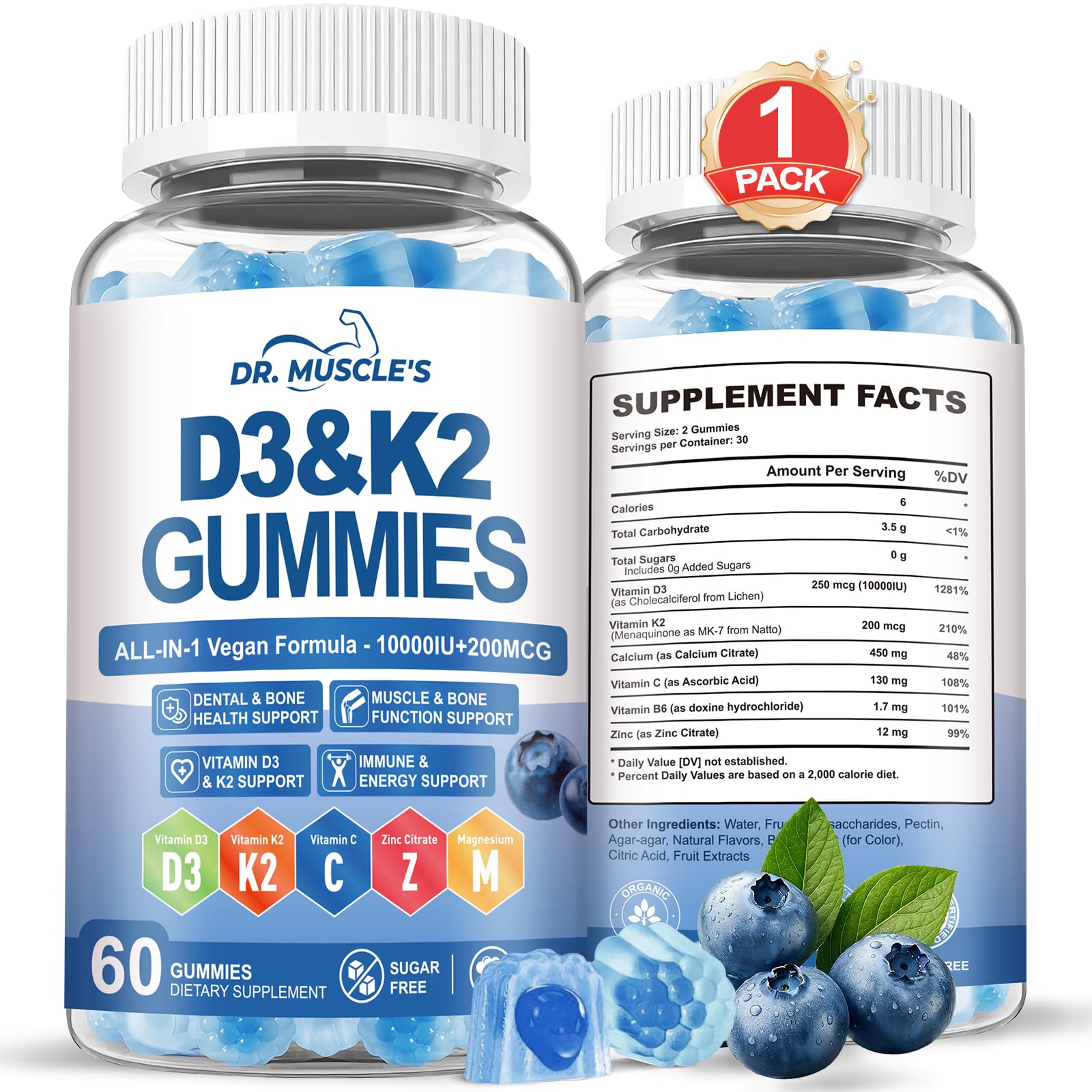 DR. MUSCLE'S Vitamin D3 K2 Gummies 10000IU with 200mcg MK-7, Calcium Citrate, Zinc, Vitamin C & B6, Sugar-Free Vegan D3 K2 Supplement, High Absorption for Bone, Immune & Energy, 60 Blueberry Gummies 60 Count (Pack of 1)