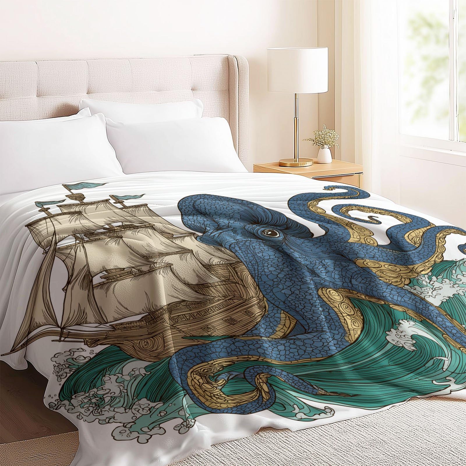 Coperta sherpa retrò costiera con stampa a onde di polpo a vela reversibile e morbida coperta in pile accogliente, 180 x 200 cm, per biancheria da letto, divano, letto, decorazione per la casa, blu