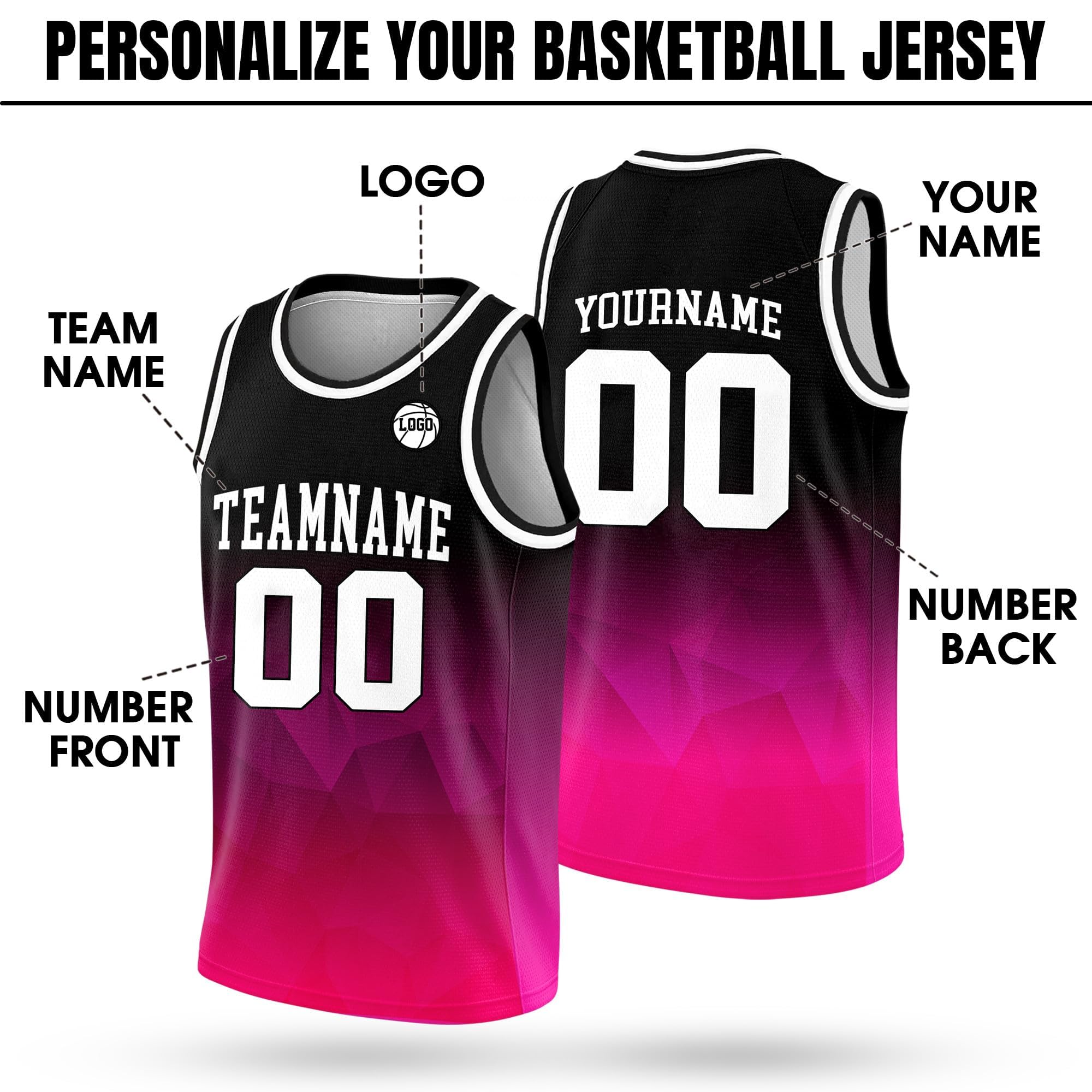 Custom Gradient Basketball Jersey for Men Women Youth Kid, Personalized Basketball Jersey with Name Team Number Logo for Fans Player, Customize Basketball Practice Jersey Shirt Black Pink Color