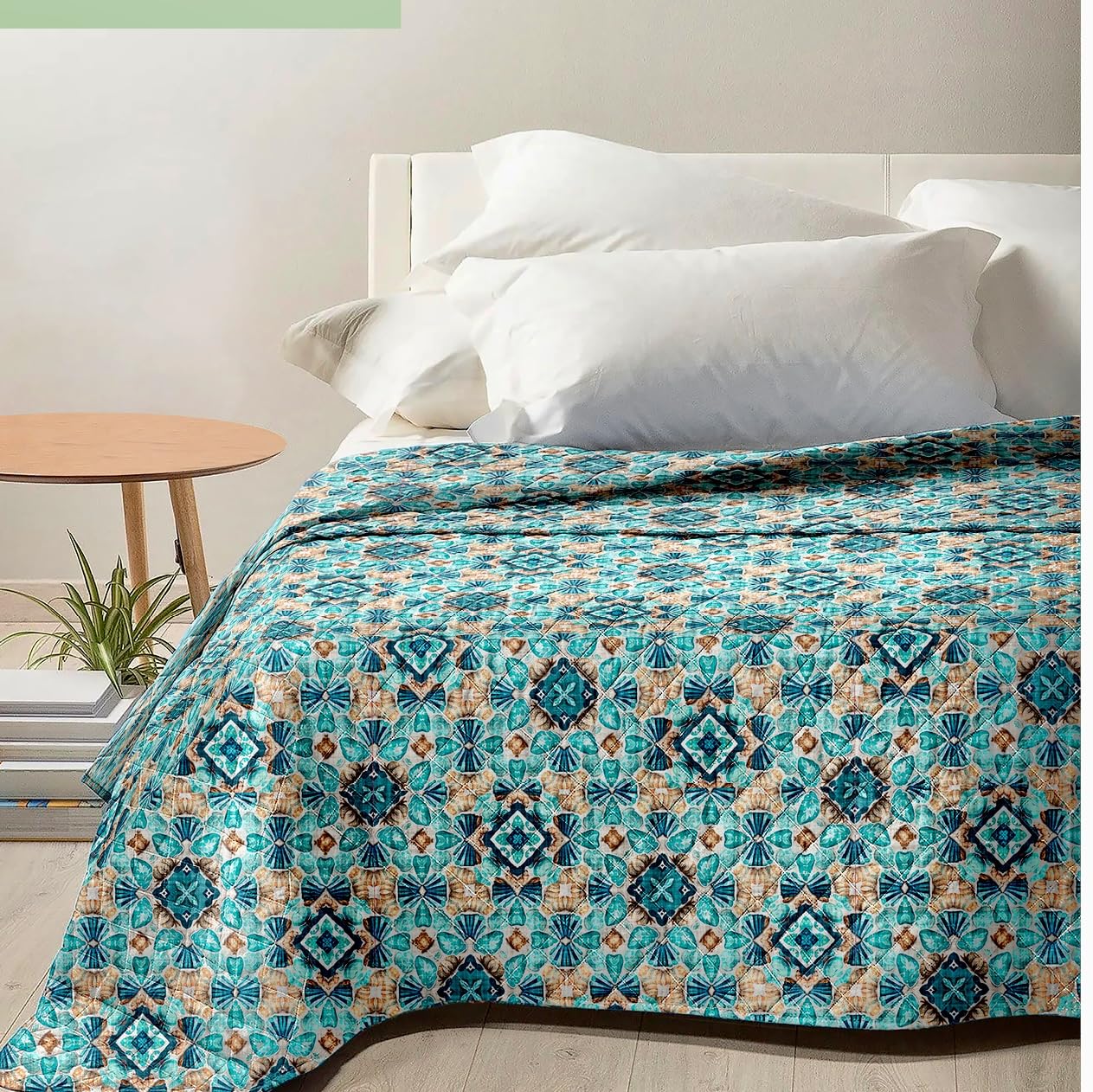 Copriletto Decorativo Turchese con Motivo Geometrico Floreale, Stile Marocchino, Design Boho, Tessuto Leggero 100gm mq