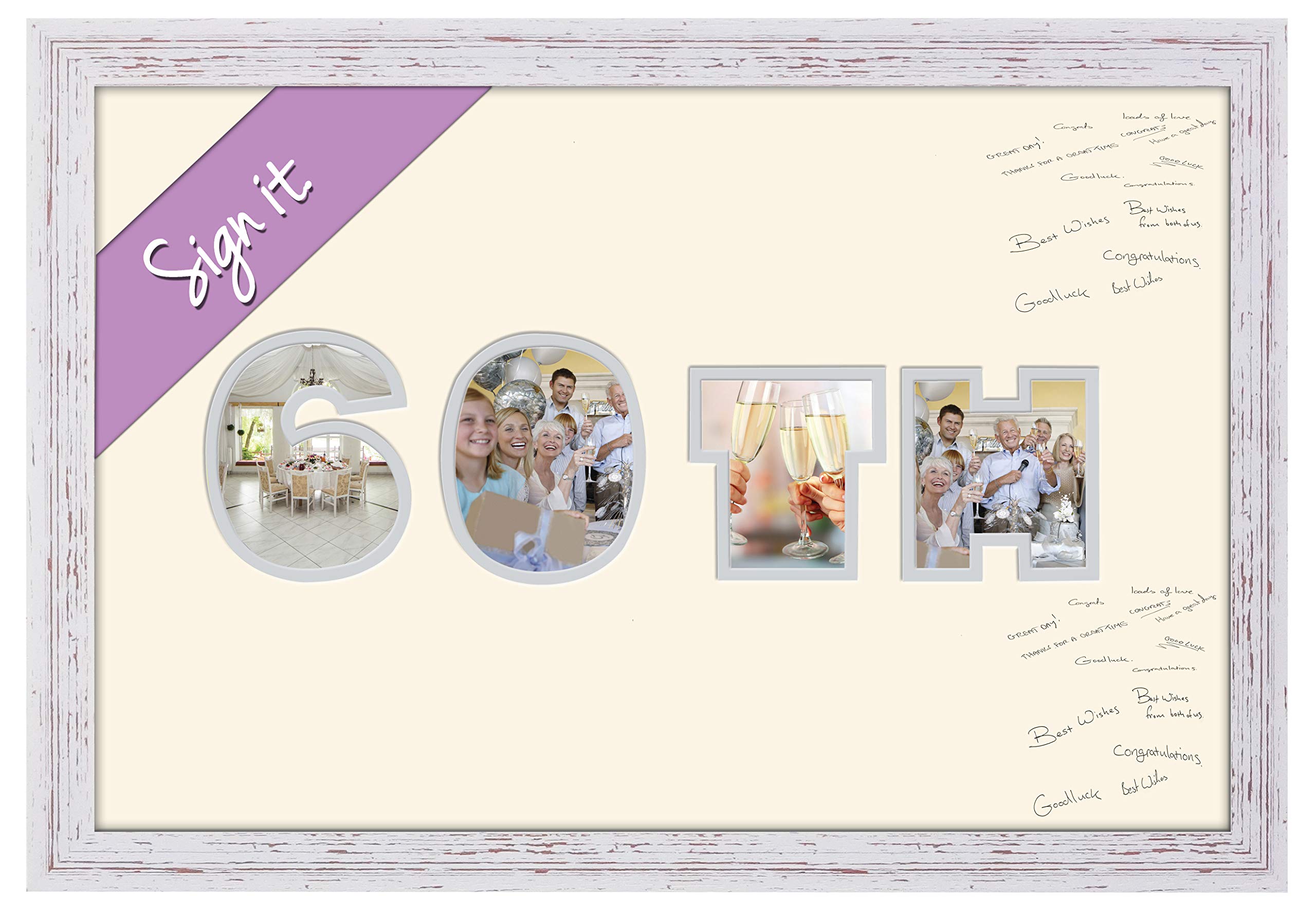 Photos in a Word 60th Birthday Diamond Wedding Anniversary Personalised Guest Book Signing Signature Autograph Photo Frame to Sign Gift Present (Shabby Chic Frame)