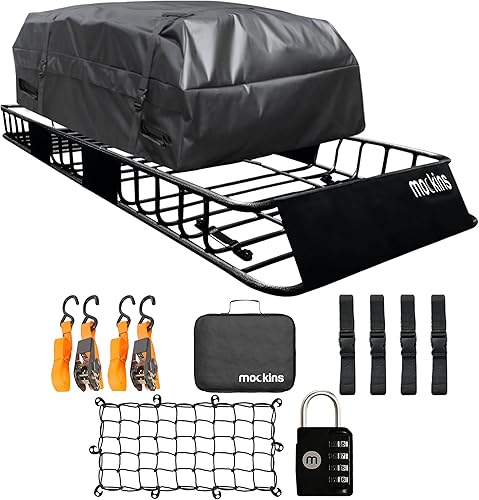 Mockins - Canasta de carga de acero extensible para techo, con malla elástica, 2 correas de trinquete y bolso impermeable, color negro