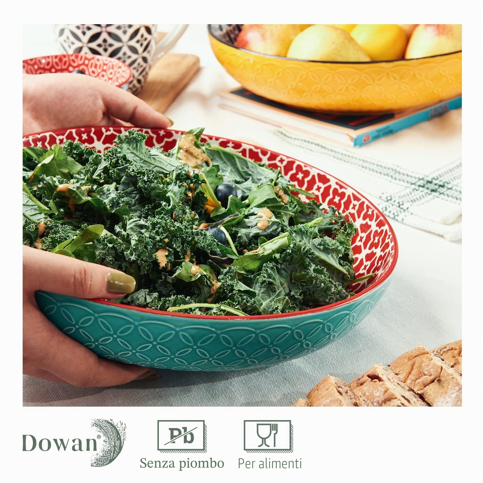 DOWAN Grandi Piatti da 29 cm, Ciotole Grandi da 2,9 Qt per Intrattenere a Thanksgiving e Natale, Ciotole da Servizio in Ceramica per Insalate, Frutta, Pasta, Colori Brillanti | 2 Pezzi
