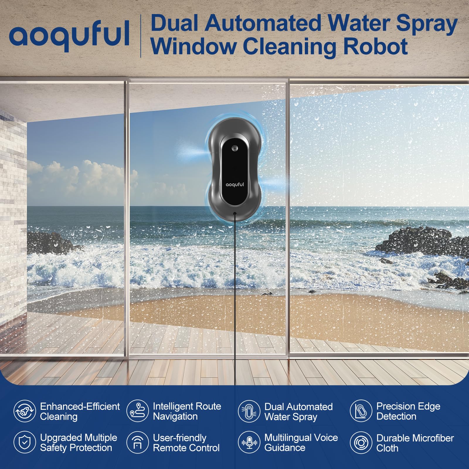Robot Limpiacristales Inteligente, Limpiador Eléctrico de Ventanas con Doble Rociado de Agua, Control Remoto y por Aplicación, para Ventanas Interiores y Exteriores, Incluye 12 Paños, Gris