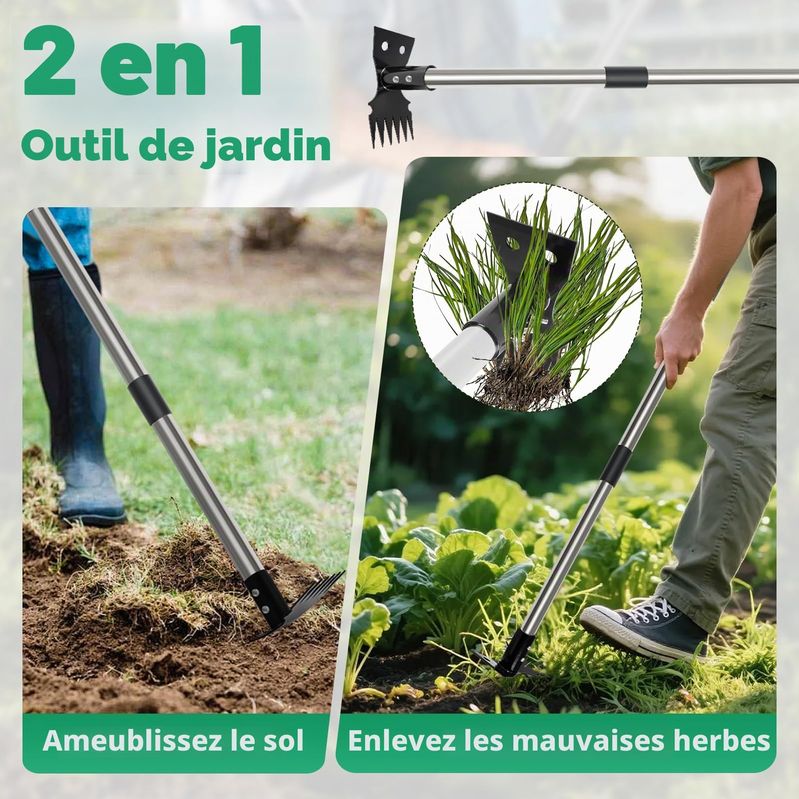 Outil d'arrache-mauvaises herbes avec long manche, râteau manuel 2 en 1 et binette de jardin de 150 cm, 4 sections détachables et robustes avec gants pour terrasse, jardin, cour, pelouse