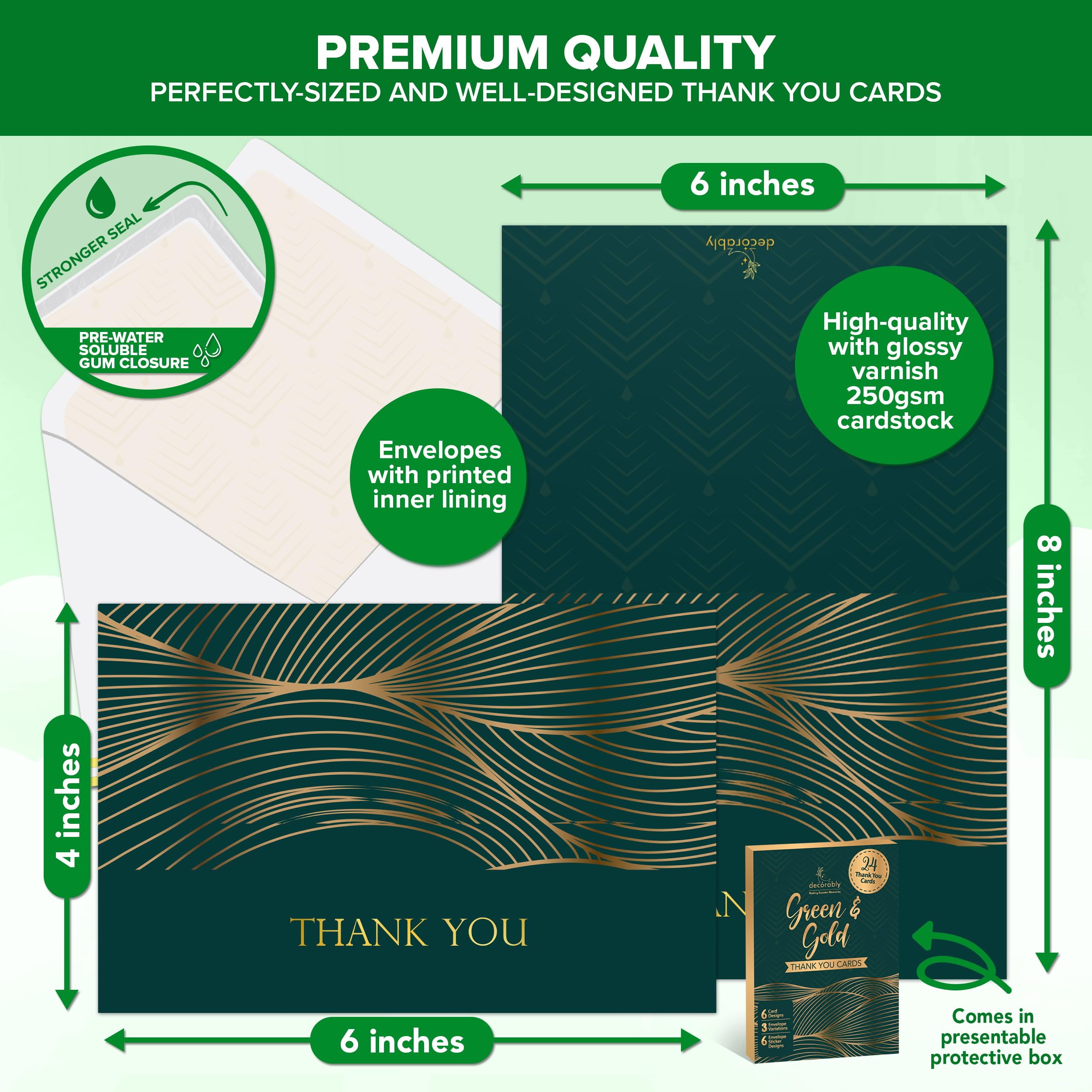 Decorably 24 Pack Gold-Foiled 6x4in Green Thank You Cards with Envelopes and Stickers - Image 3