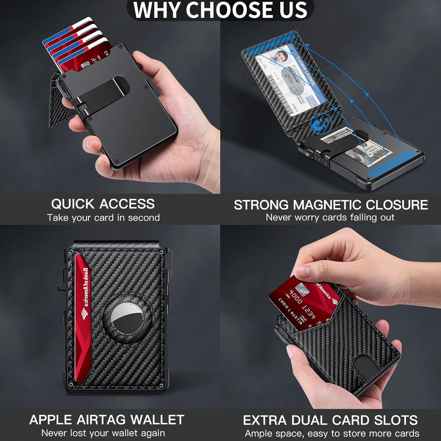 RFID-Blocking Minimalist Wallet with AirTag Compatibility: Sleek Carbon Fiber Design for Men