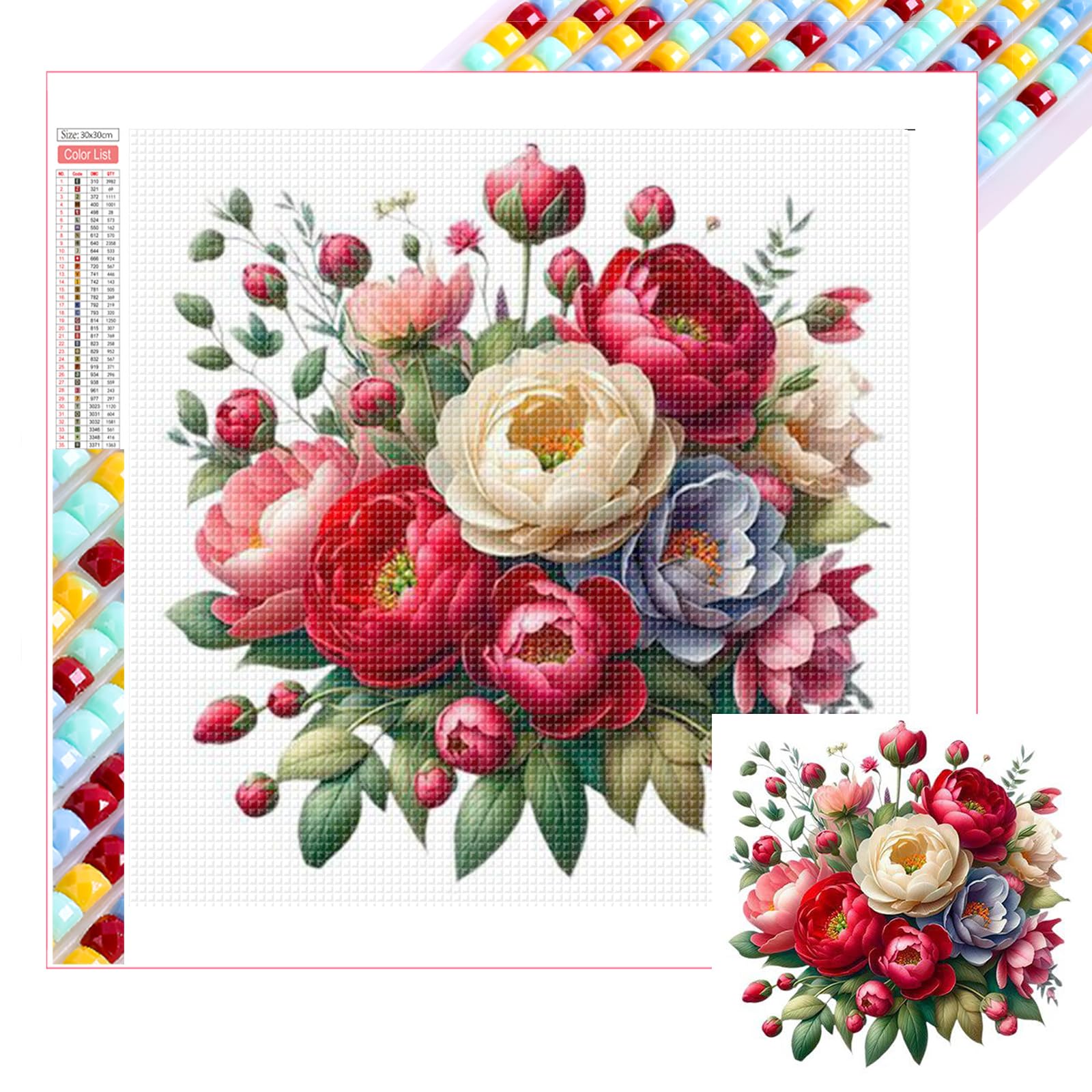 POETRYDRAW Peony Bouquet 5D Square Drill Diamond Art Painting Kit for Adults & Beginners, 35x35cm, Wall Decor, Crystal Rhinestone Art Gift