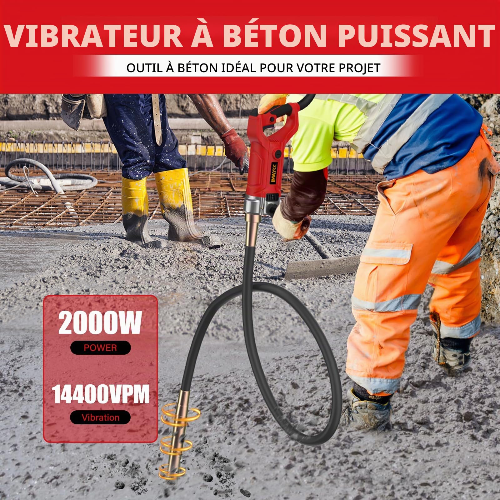 IMAYCC 2000W Vibrateur en Béton,Vibrateur de Construction Electrique 4300 tr/min,Longueur de Cuivre Tige Vibrante 2M,Diamètre de l'arbre de Vibration 38mm,pour Tunnels Routes Ponts Maison