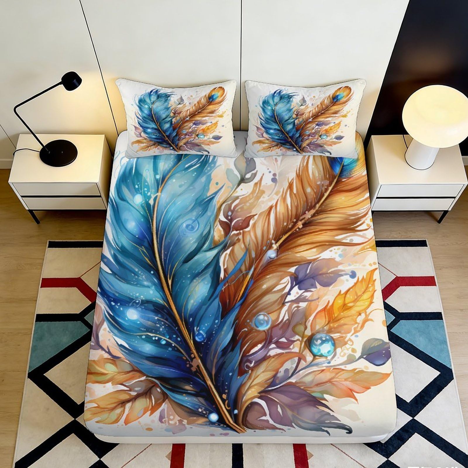 3D Printed Feather Fitted Sheet Microfiber Elastic Hem Deep Pocket Bedroom Bedding Feather Mattress Fitted Cover Protection 90x200x25cm