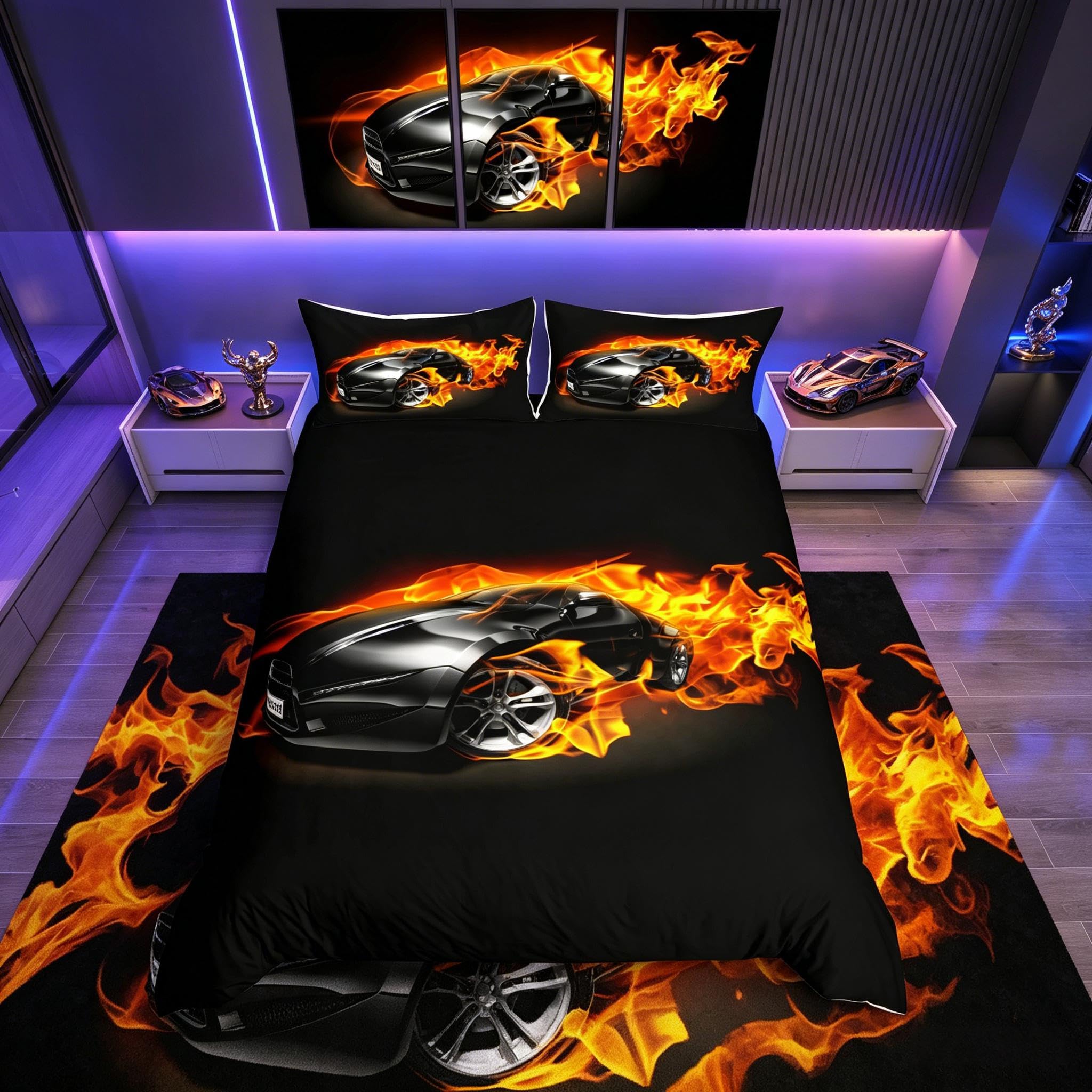 Loussiesd Black Racing Car Bedding Set for Kids Boys Sports Car Duvet Cover Set Extreme Sports Comforter Cover Burning Speed Car Quilt Cover 3Pcs King Size,Zipper — image 1