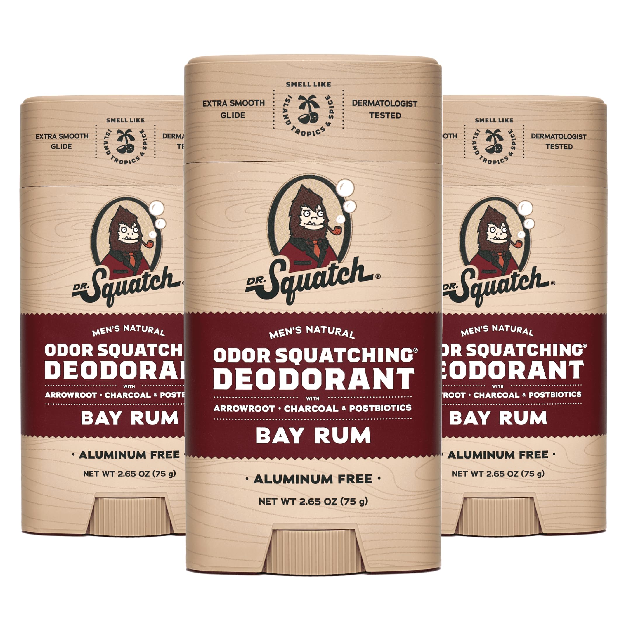 Dr. Squatch Natural Deodorant for Men - Odor-Squatching Aluminum Free - Bay Rum (2.65 oz, 3-Pack)