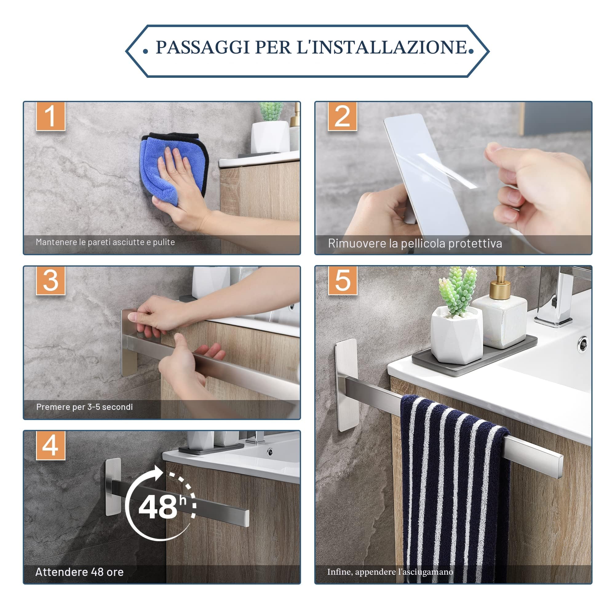 Porta Asciugamani Bagno Adesivo Portasciugamani da Parete in Acciaio Inox Porta Salviette Bagno Senza Foratura Cucina 38 CM, Argento Chrome