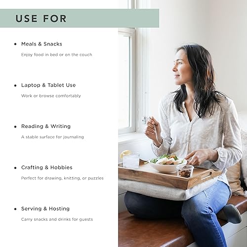 Miniatura 6 de ROSSIE HOME Bandeja de Cama de Madera de Acacia, Escritorio de Regazo con Cojín Desmontable, Bandeja para Servir - Natural - Se Adapta a Portátiles