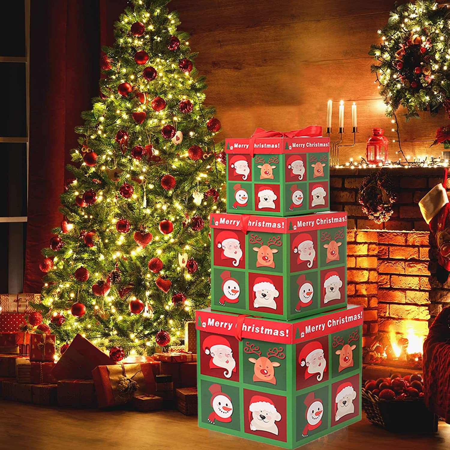 3PCS Christmas Nesting Gift Boxes with Lid Stacking Xmas Boxes for Gifts Lighted Gift Wrap Boxes for Christmas New Year Wrapping Presents Home Decorations