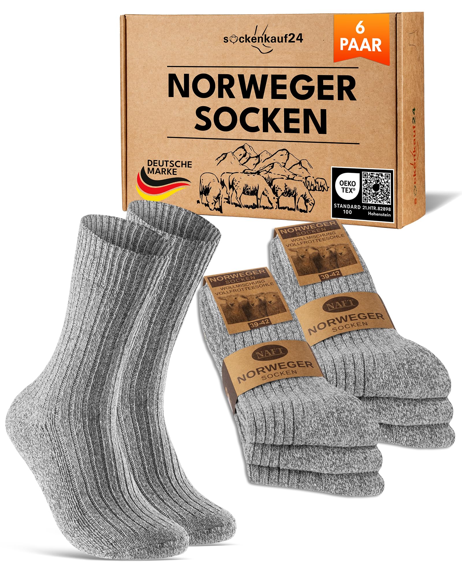 Sockenkauf24 Unisex Gray 6 Pairs Norwegian Socks Men Women Winter Socks Warm Wool Socks, 43-46