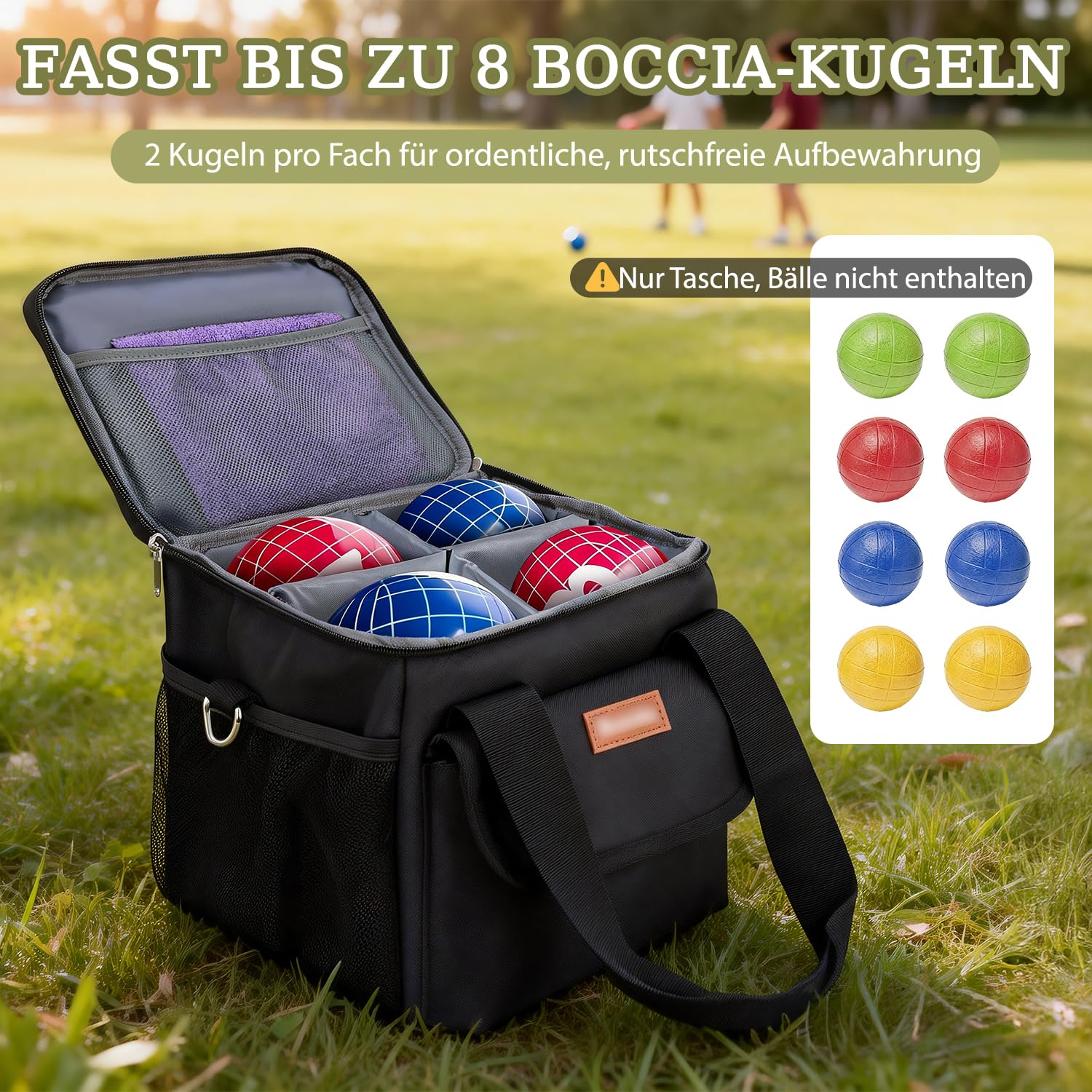 Boccia Kugeltasche für 8 Kugeln, Tragetasche für Boccia Set mit Herausnehmbaren Trennwänden, Gepolsterte Aufbewahrungstasche mit Schultergurt & Netztaschen, Schwarz (Nur Tasche)