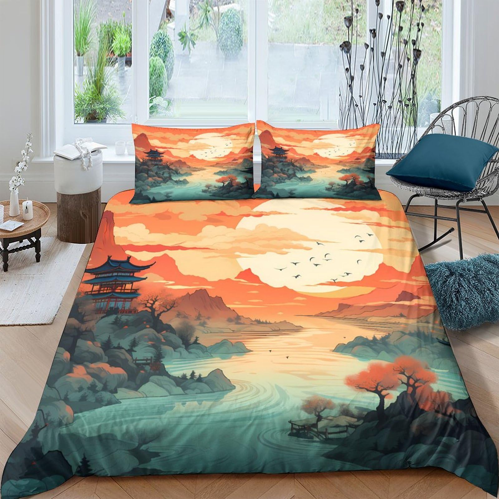 Ctjqhvkz Style-2 3D Printed Sunset Landscape Fitted Sheet Microfiber Soft Scenic Mountain Mattress Cover For Bedroom Guest Room Decor Single（135X200cm）
