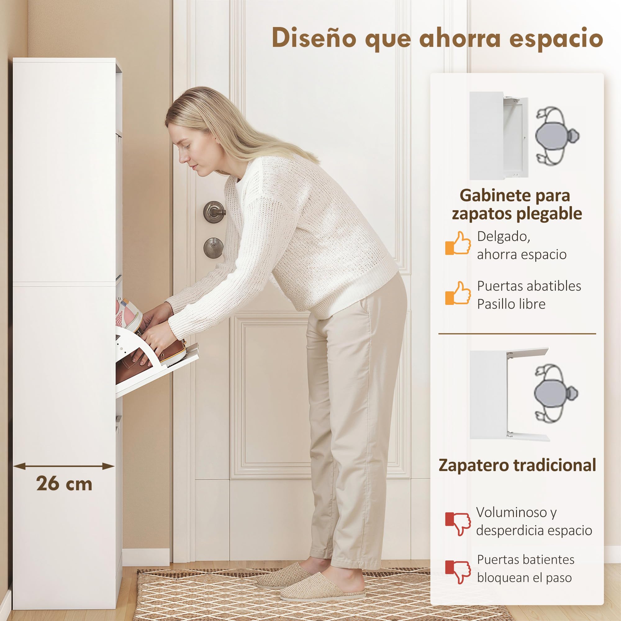 HOMCOM Zapatero Estrecho con 3 Cajones Abatibles para 12-18 Pares Blanco | Zapatero Entrada Recibidor Alto, Estantes Ajustables, Compartimento Abierto