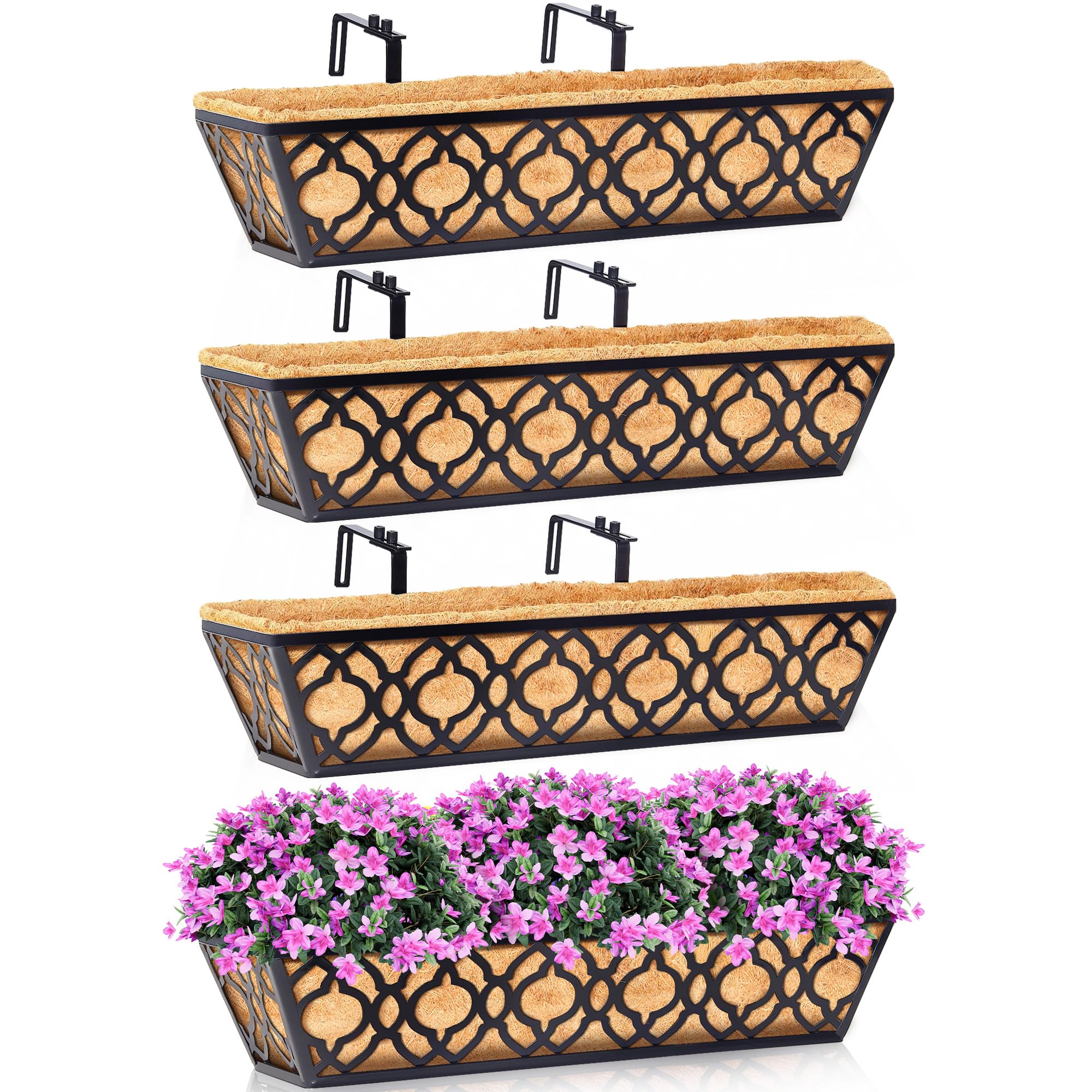 HFHOME 4 Pcs 30" Window Box Deck Railing Planter with Horse Trough Coco Liners, Black Metal Hanging Flower Planters Baskets for Indoor, Outdoor, Balcony, Porch, Fence, Patio, and Lawn