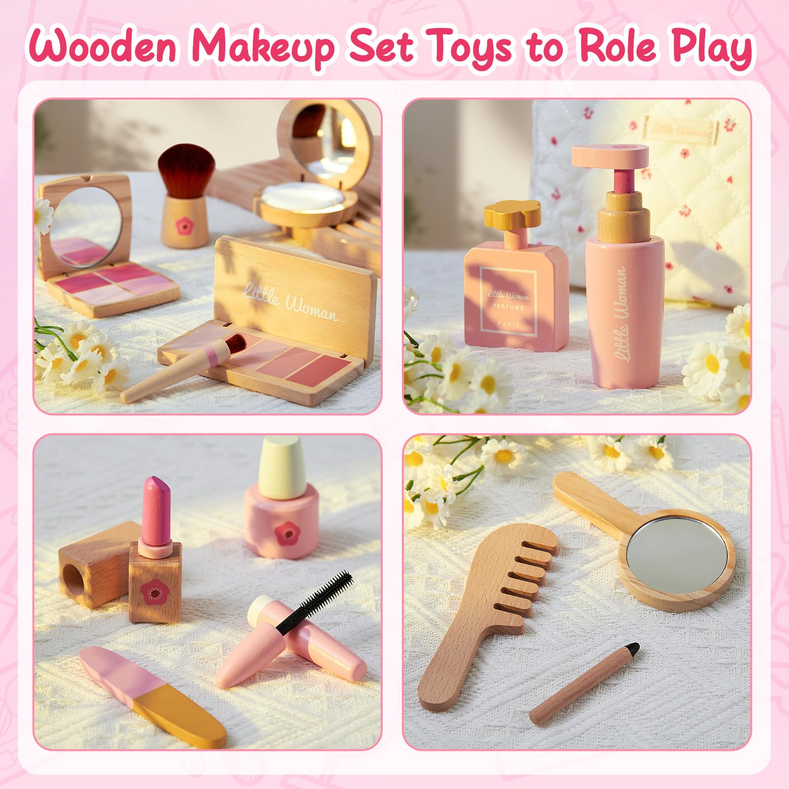 Lonico Wooden Makeup Toy Set for Girls Pretend Play Makeup Kit for Toddlers 3-5 with Eyeshadow/ Mascara/ Perfume/ Blush/ Mirror/ Bag, Birthday Gifts for Girls Toys Kids Aged 3 4 5 6 7 8