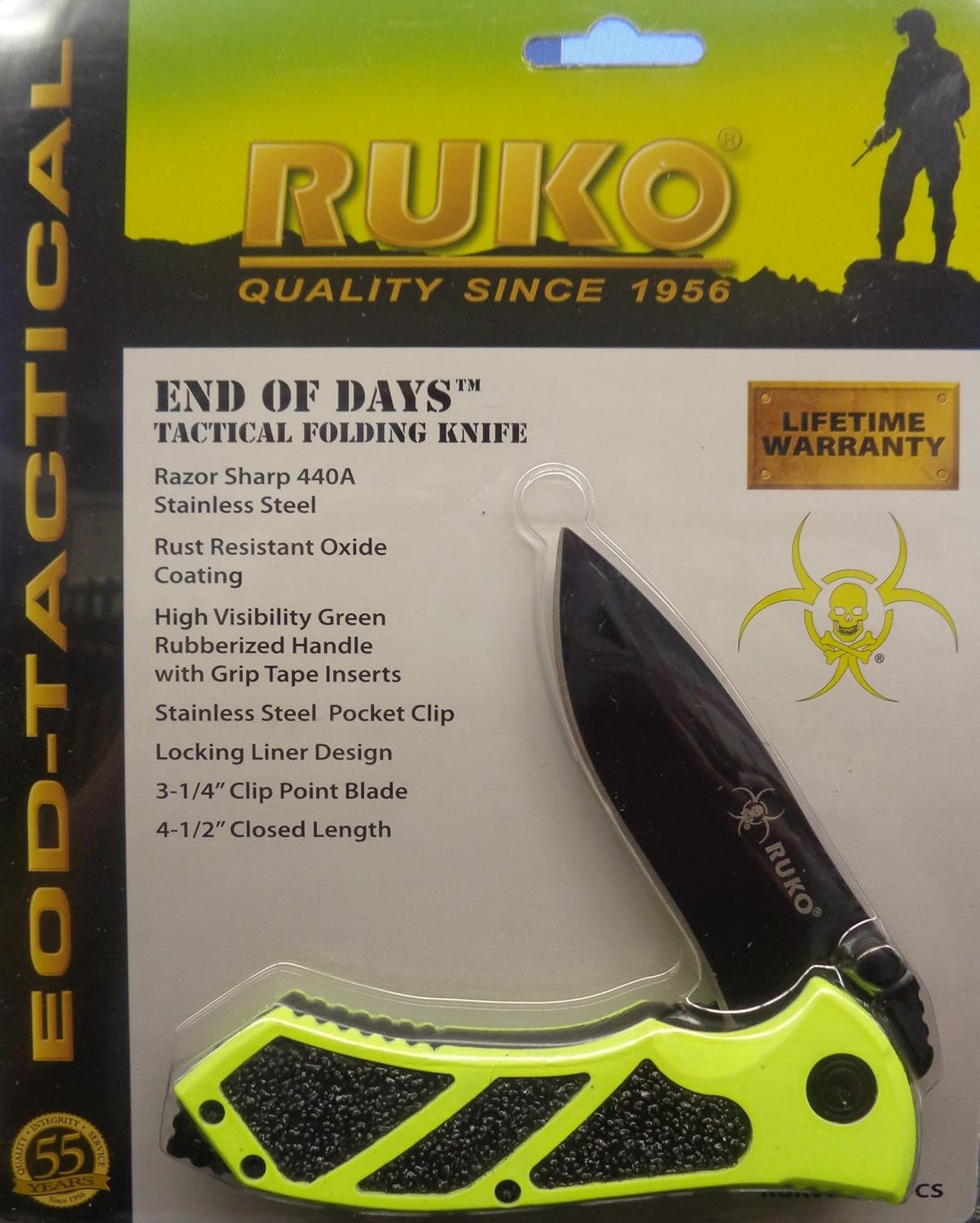 Ruko RUK0061HG-CS, 440A, 3-1/4" Folding Blade Hunting Knife, High Visibility Green Handle, Clamshell