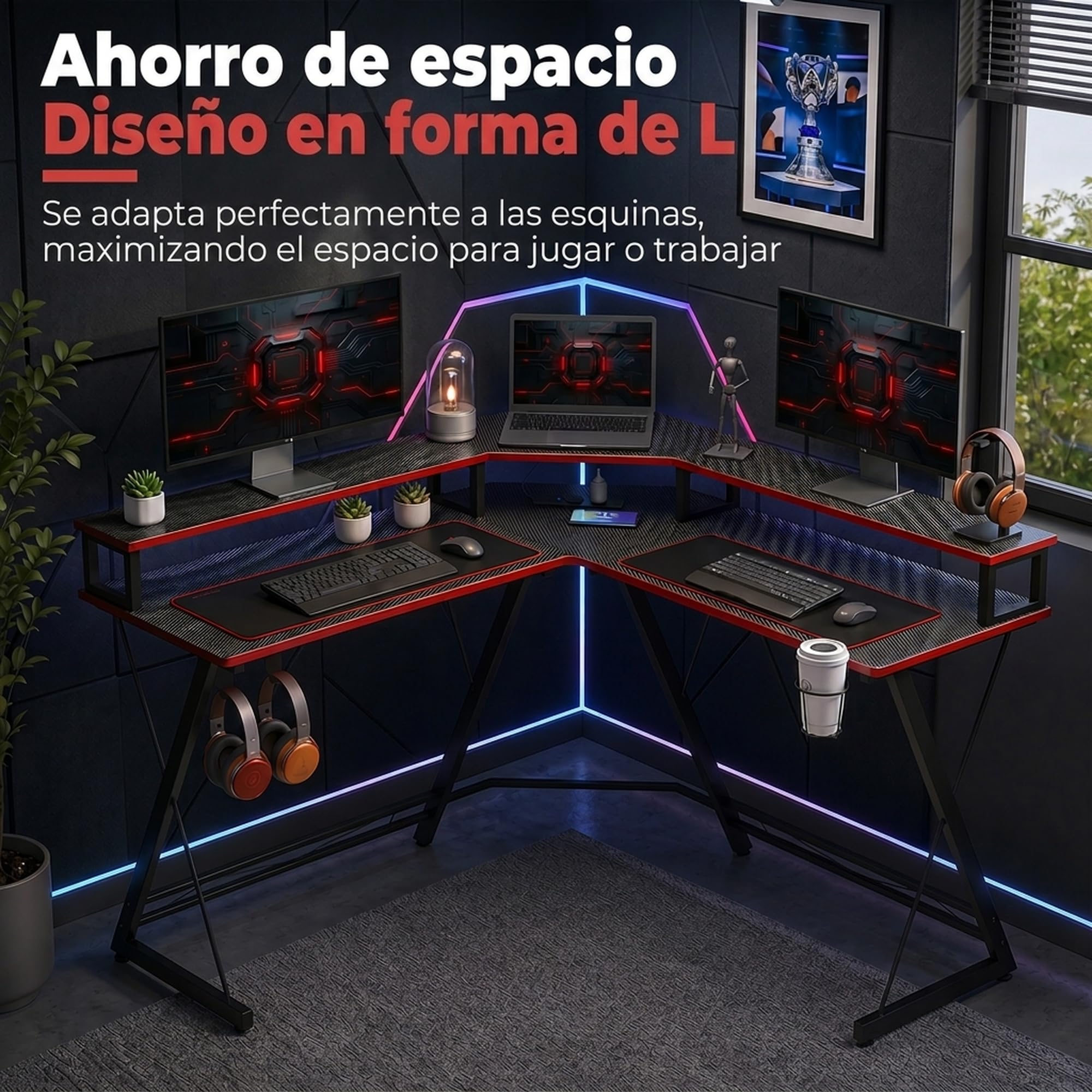 HOMCOM Mesa Gaming Esquinero con Enchufes en Forma de L 128x128 cm Negro | Mesa Escritorio, Soporte para Monitor, Gancho para Auriculares, Portavasos, Mesa de Ordenador, Oficina, Casa