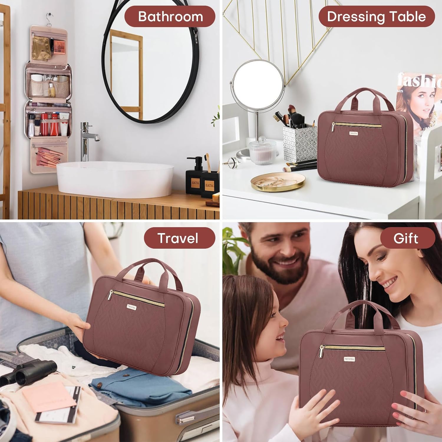 Hanging Toiletry Bag for Women Travel, 2 Sizes Large & Small Waterproof Cosmetic Organizer with 4 Compartments, Rotating Hook, Foldable Pink Travel Bag for Toiletries & Makeup Red Sandalwood - Image 7