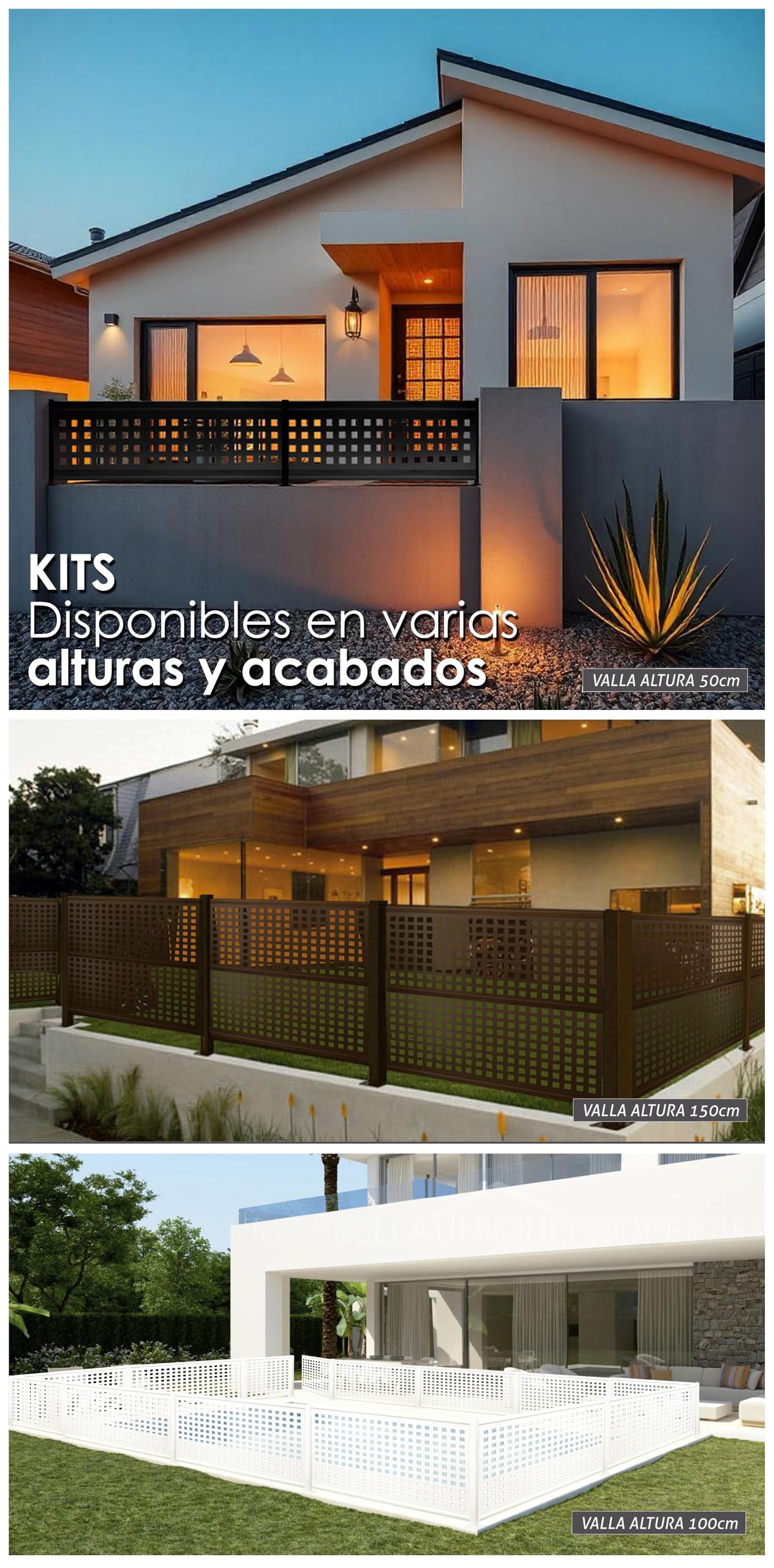 Kit de Valla de Automontaje en Acero Galvanizado, Metálica de Ocultación con Fácil Instalación, Modelo Cuadros, 457 x 50 cm, Blanco