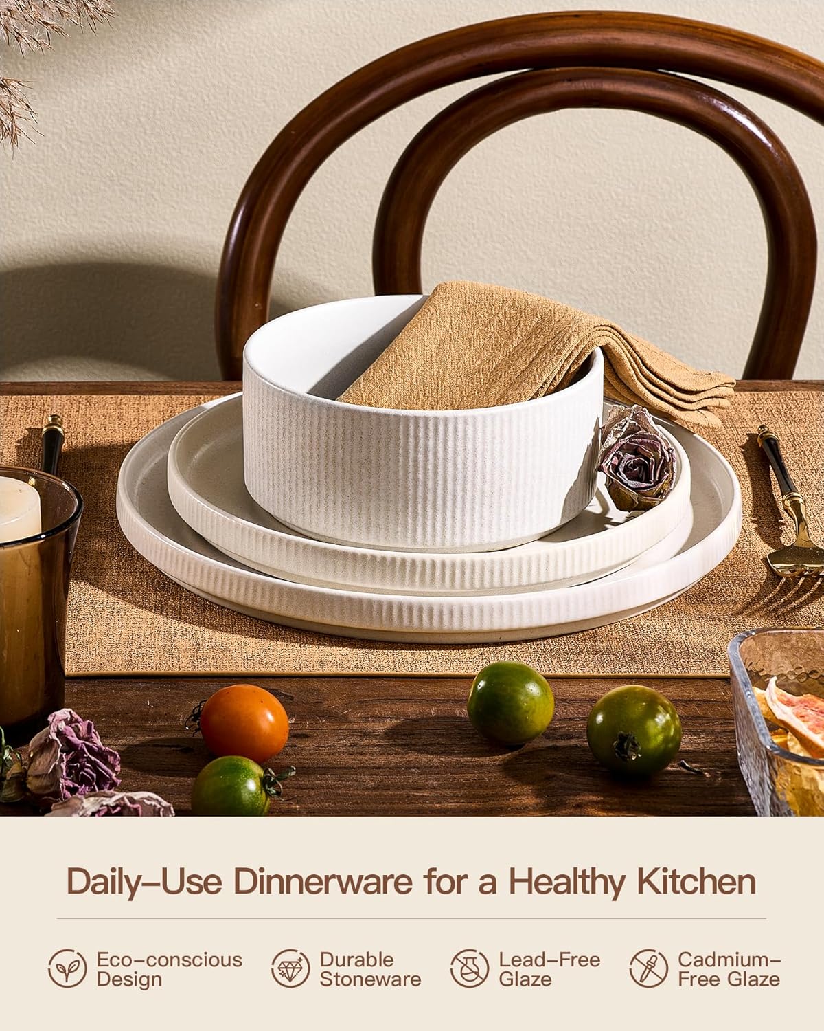 Stoneware Dinnerware Sets, Handcrafted Double Reactive Glaze Plates and Bowls for Everyday & Formal Dining, Microwave & Dishwasher Safe, Scratch Resistant Dishes for 4 (12-Piece), Matte Reactive White