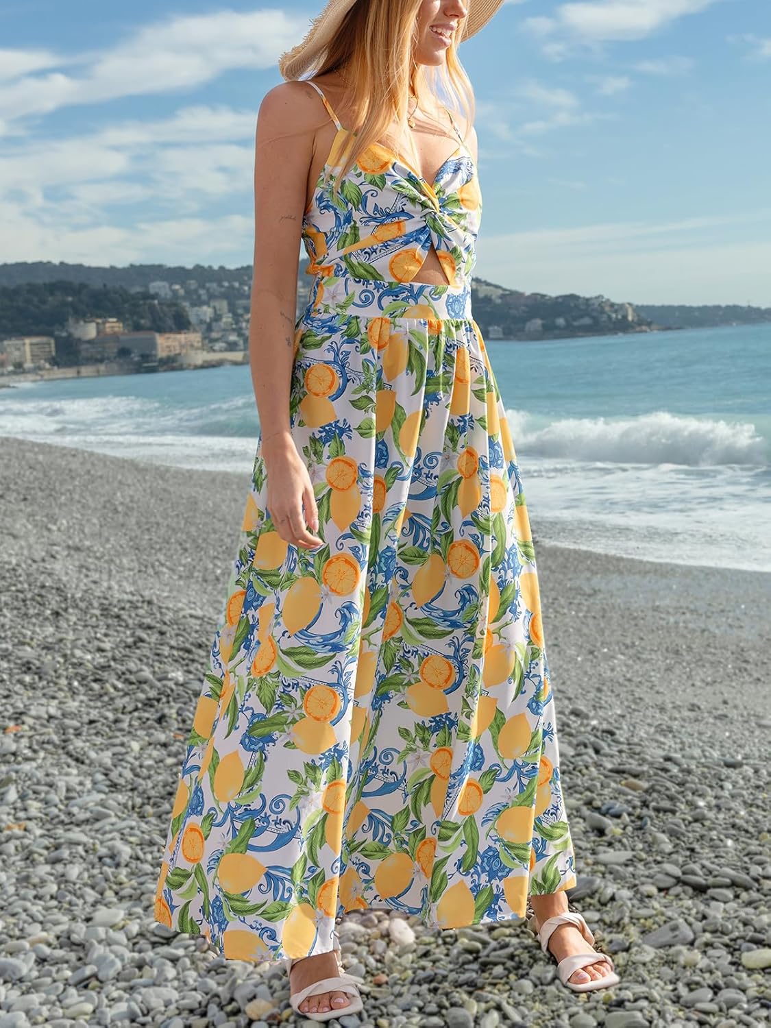 CUPSHE Summer Dress for Women V Neck Sleeveless Floral Cutout Smocked Ruffled Maxi Formal Beach Dress - Image 4