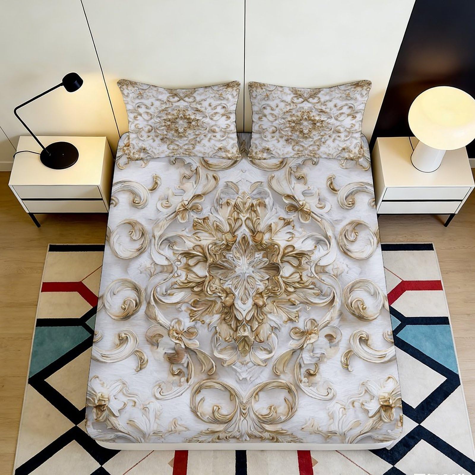 3D Printed Baroque Gold Relief Fitted Sheet Microfiber Soft Mattress Cover for Bedroom Guest Room Decor 140x200x25cm