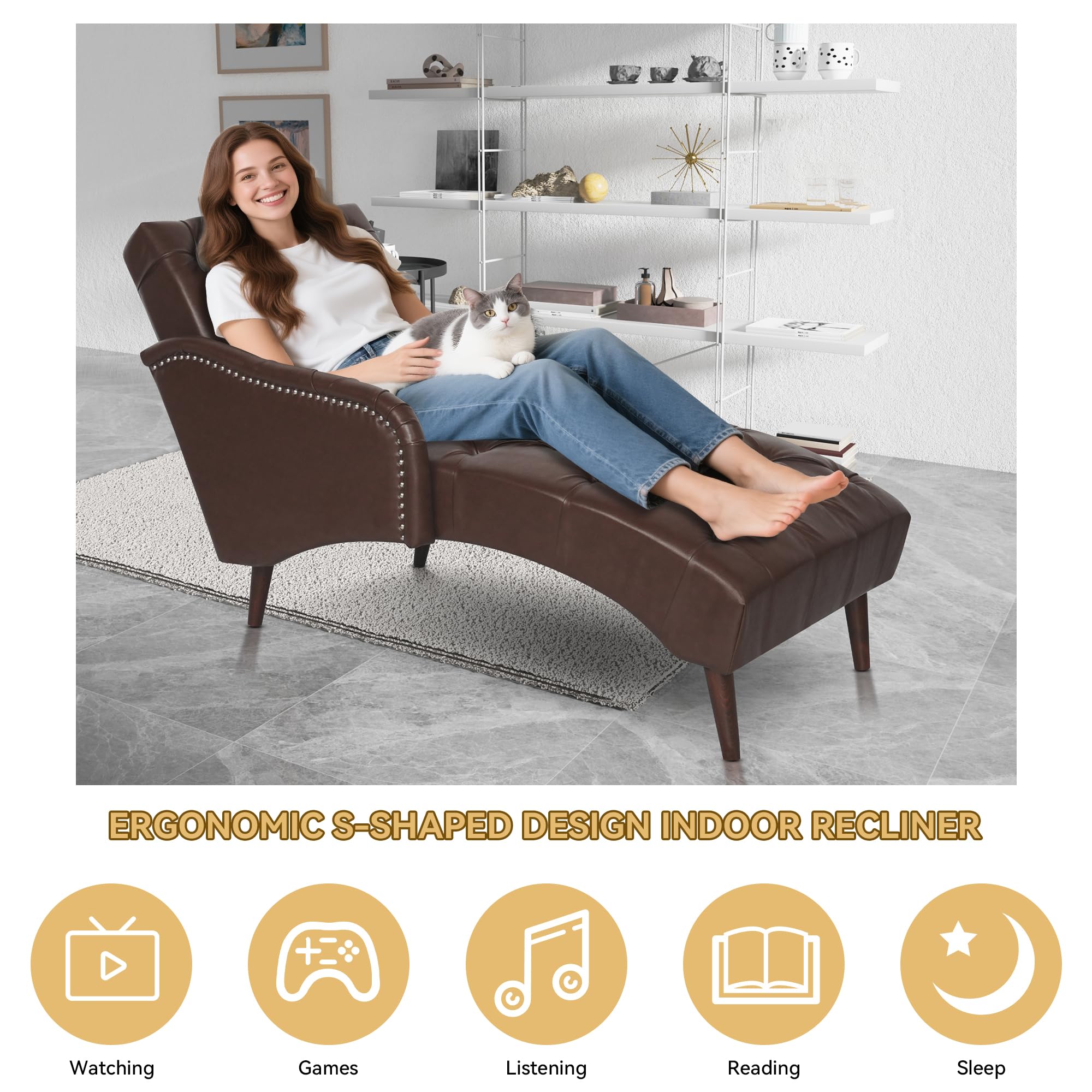 KT Rolster PU Leather Chaise Lounge Chair Indoor, Side Armrest, Dark Brown — product photo