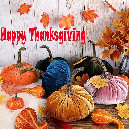 Vista 3 de Calabazas rústicas de terciopelo sintético para decoración, calabazas rústicas de terciopelo sintético con tallos reales, calabazas de espuma