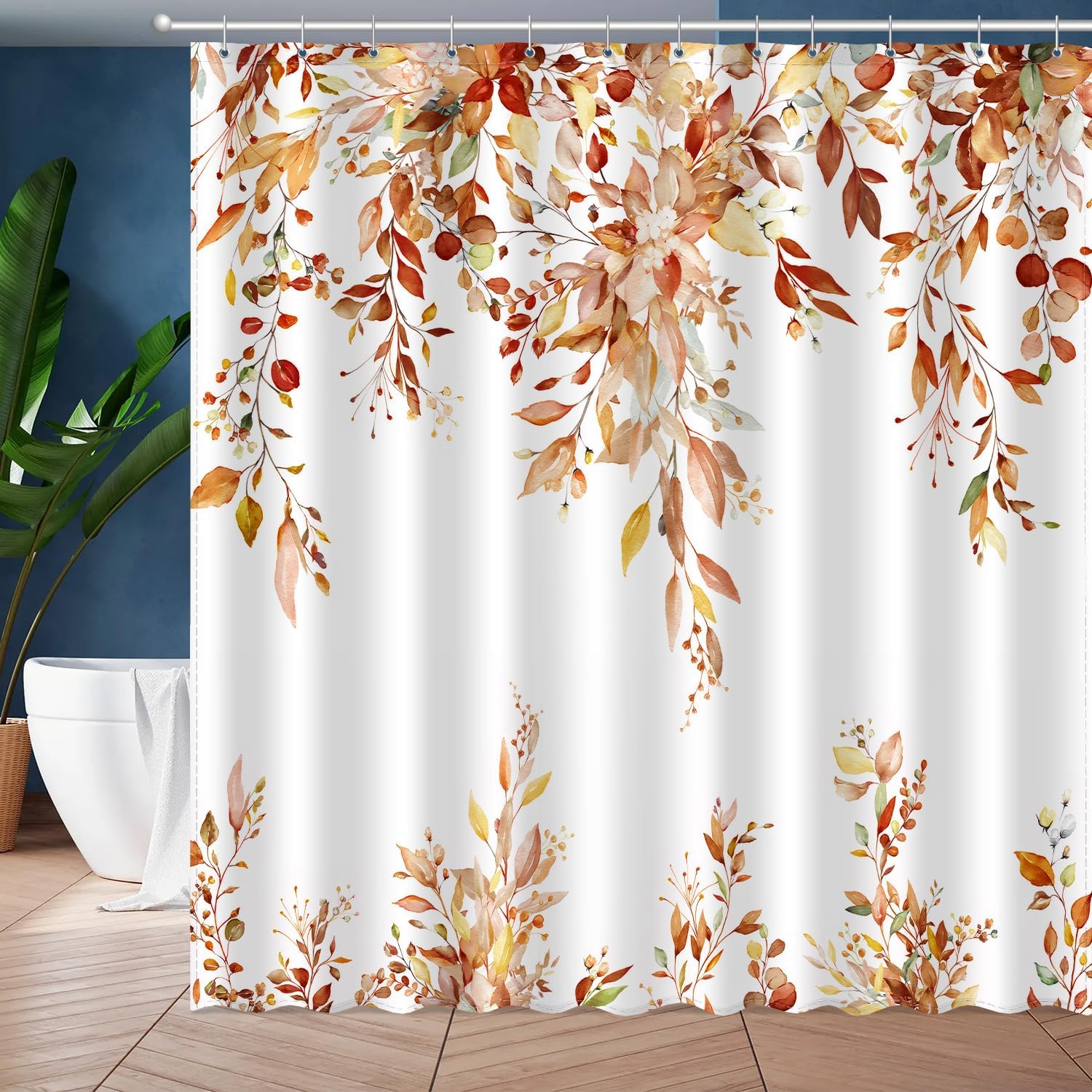 JWXCBIM Fall Brown Eucalyptus Leaves Shower Curtain, Aesthetic Art Watercolor Autumn Plant Floral Leaf Bathroom Decor, Waterproof Fabric Bath Curtain Set with Hooks 72x72 Inches