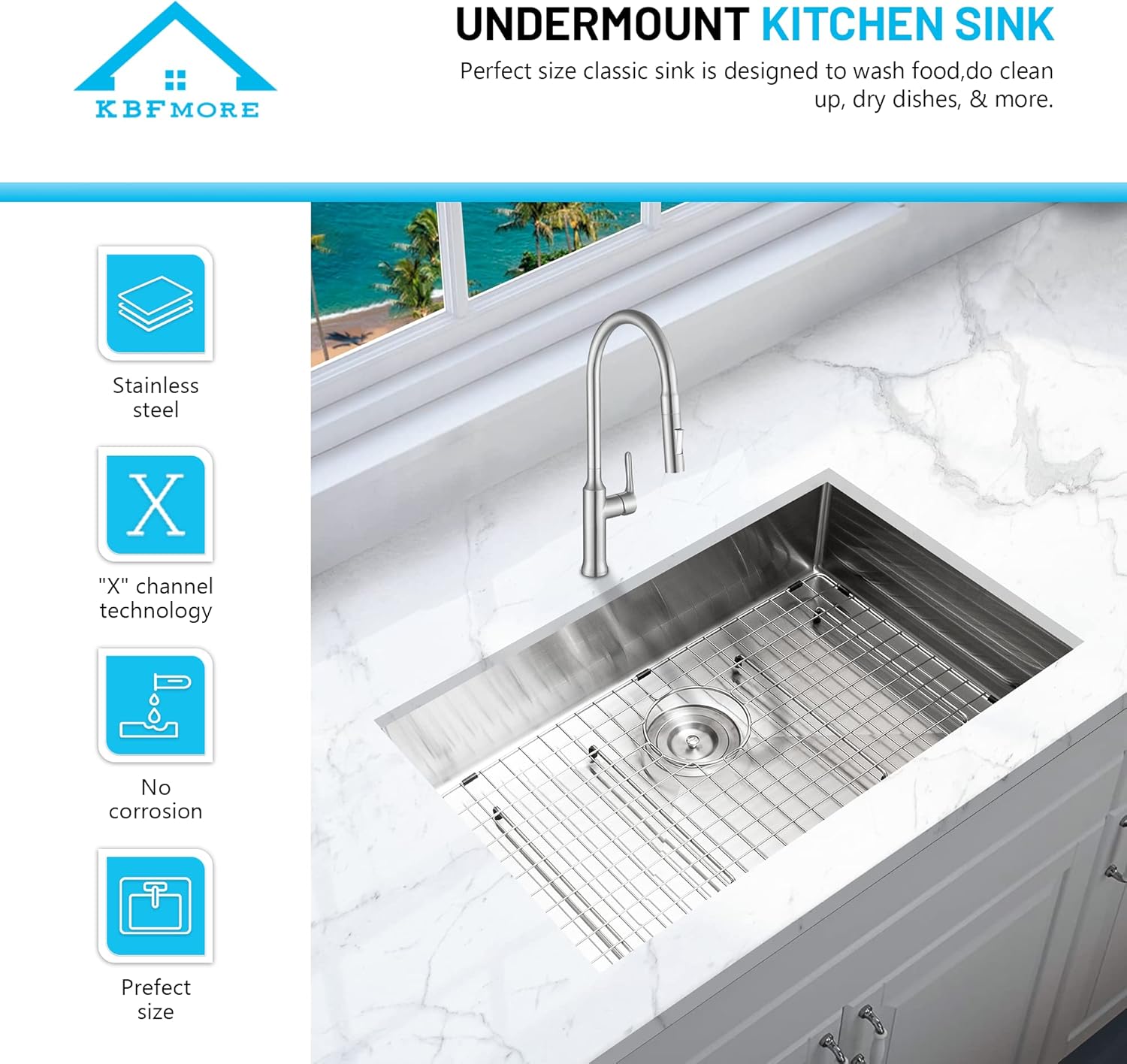 KBFmore 28 Inch Single Bowl Stainless Steel ADA Compliant Kitchen Sink, 3X Laser Cut Rust Resistant Sound and Heatproof 18 Gauge Undermount Sink with Sink Strainer and Bottom Sink Grid
