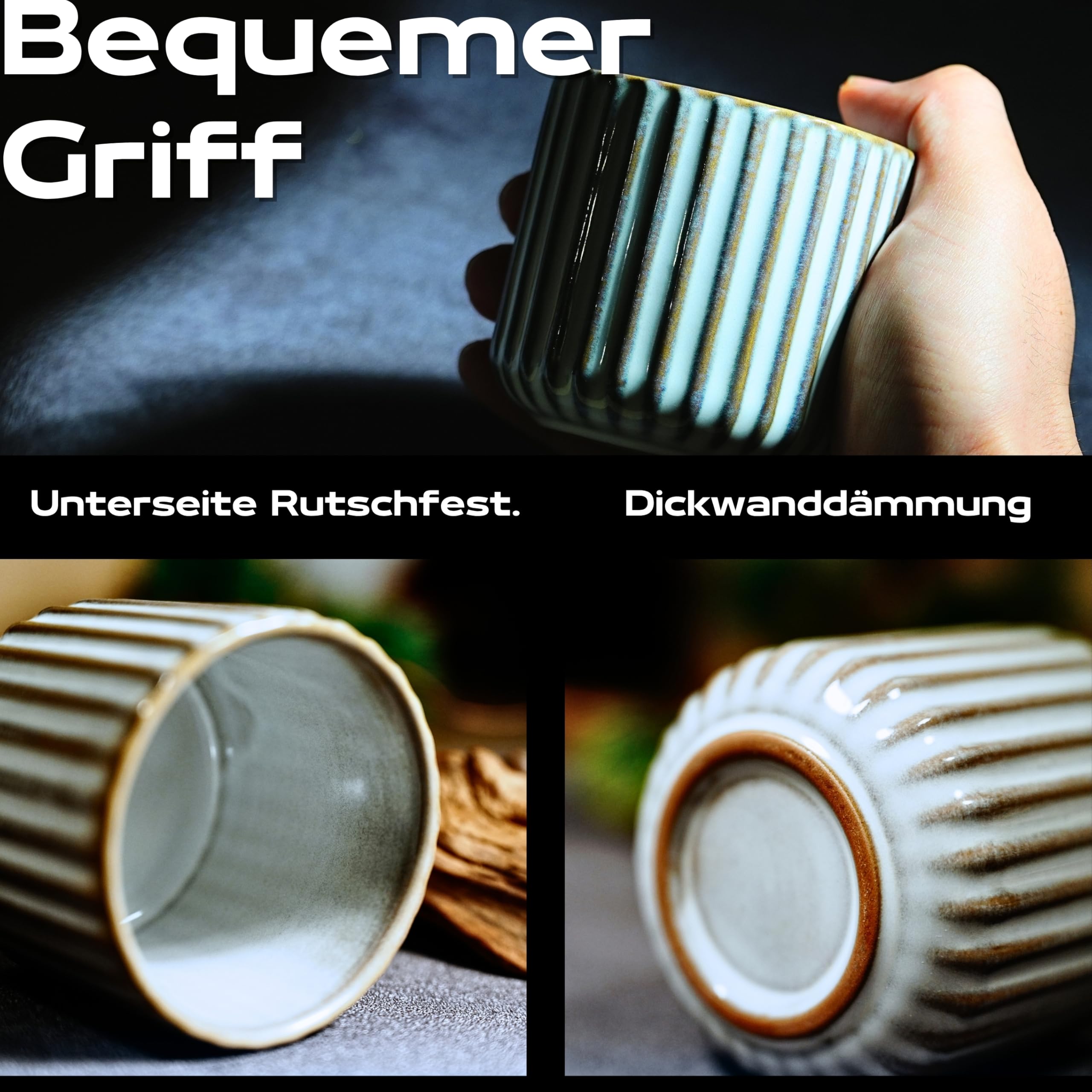 Erkundpresso Keramik Kaffeebecher 2er Set • 180ml • Ohne Henkel • Handgefertigt • Zementblau