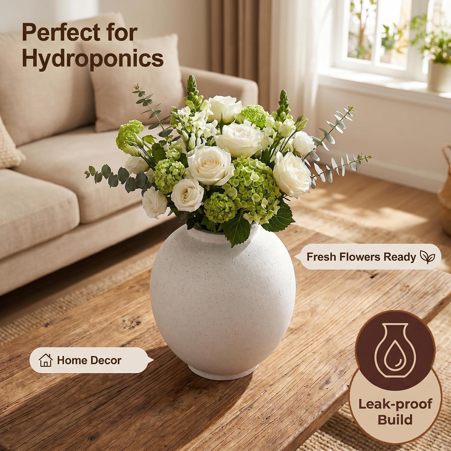 Heifgott Grande vaso in ceramica bianca, 25 cm, rustico per la decorazione della casa, vasi alti minimalisti per soggiorno, tavolo, bagno, vacanze e matrimoni (bianco arenaria)