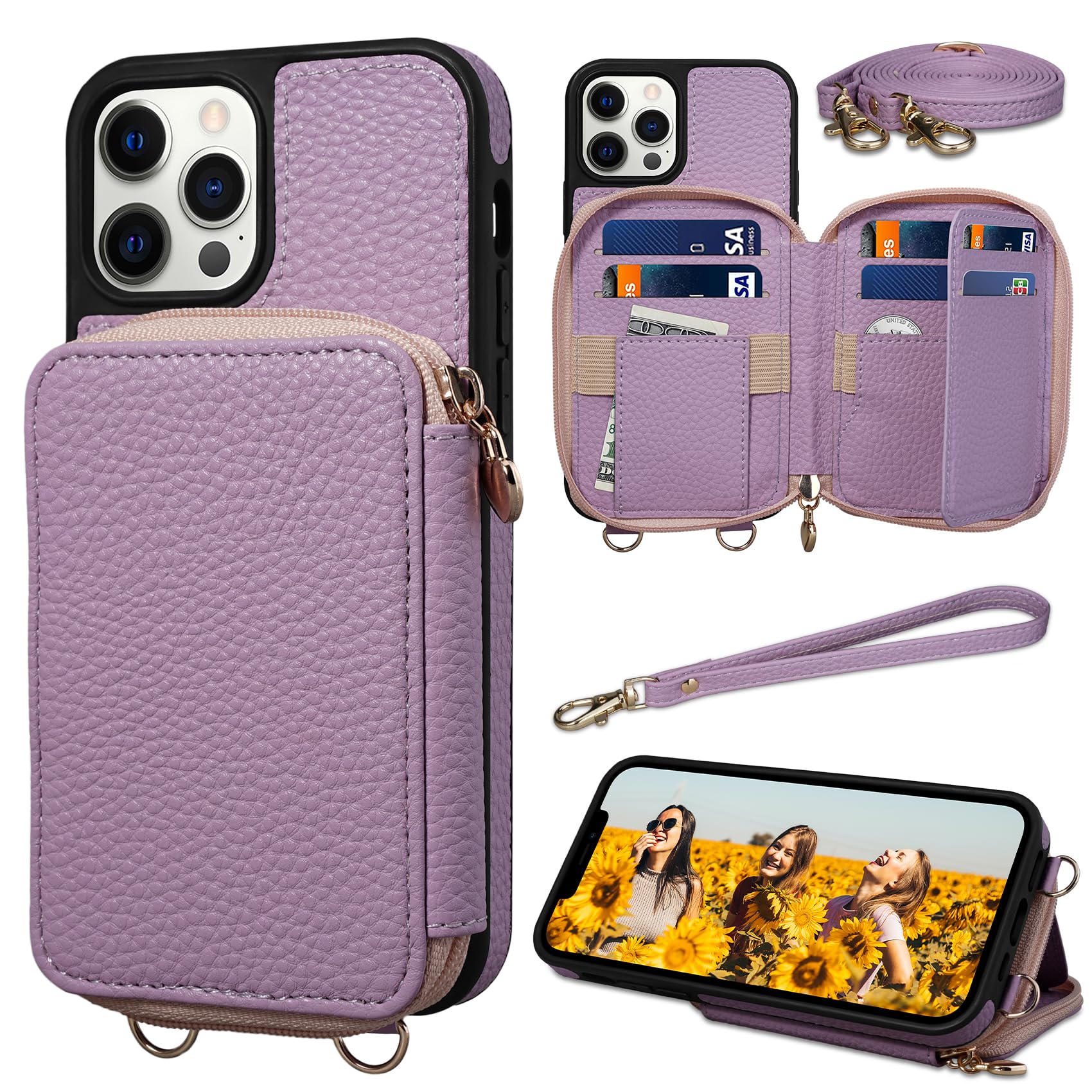 Keallce Case for iPhone 12 Pro/iPhone 12 6.1'' Case Wallet, Crossbody Zipper Purse, RFID Blocking 10 Card Slot Kickstand, Detachable Lanyard & Wristle Flip Folio Cover for iPhone 12/12 Pro, Purple
