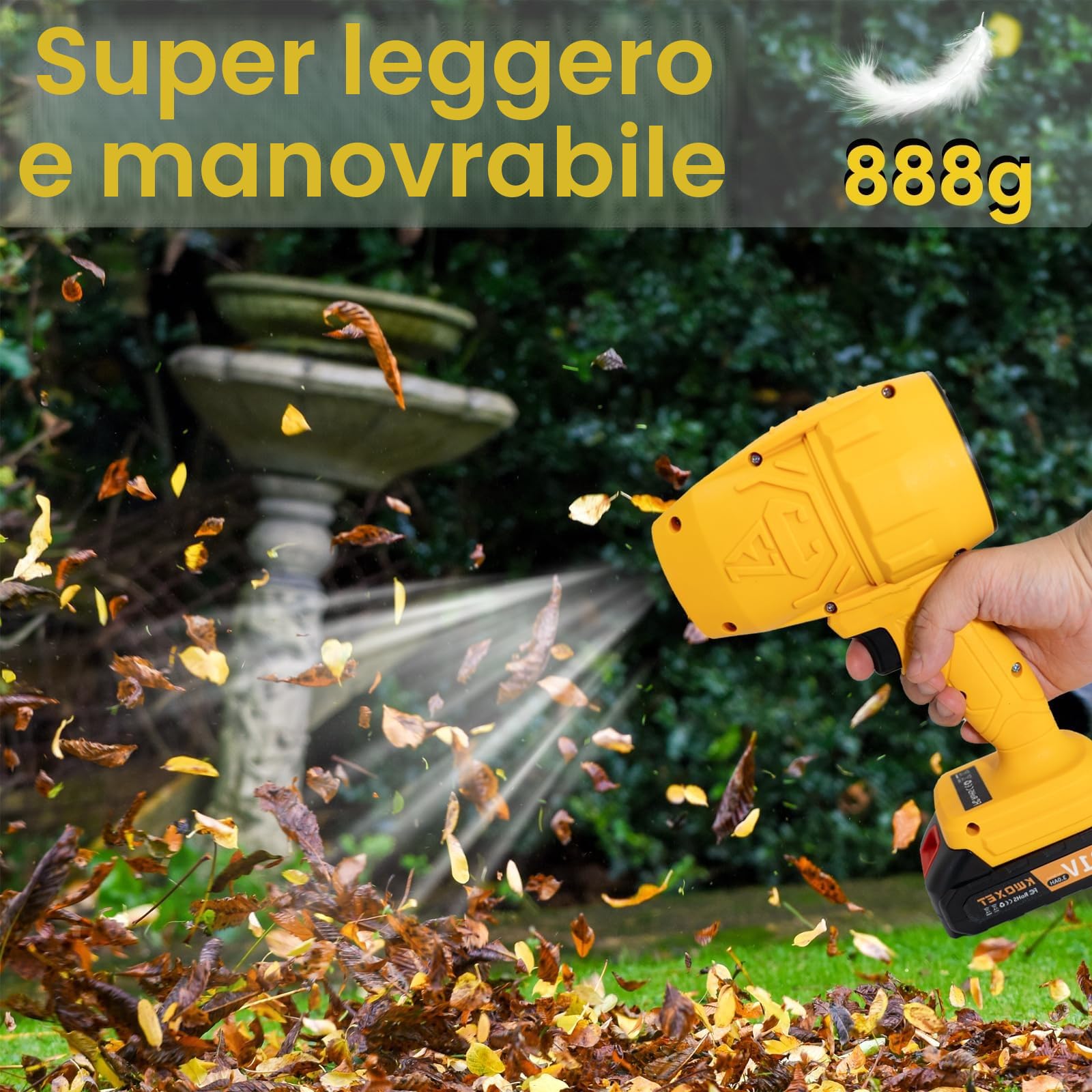 Mini Soffiatore a Batteria con Turbo, 576km/h, 2x21V 3000mAh | Soffiatore leggero in plastica. erba, neve, polvere, trucioli. Adatto per giardino, terrazza, vialetti, garage, auto.