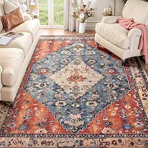 SERISSA 5x7 Boho Tribal Area Rug, Washable Large Rugs for Living Room, Ultra Soft Non-Slip Bedroom Rug Print Distressed Vintage Farmhouse Carpet Rug for Dining Room Dorm Office Home Decor