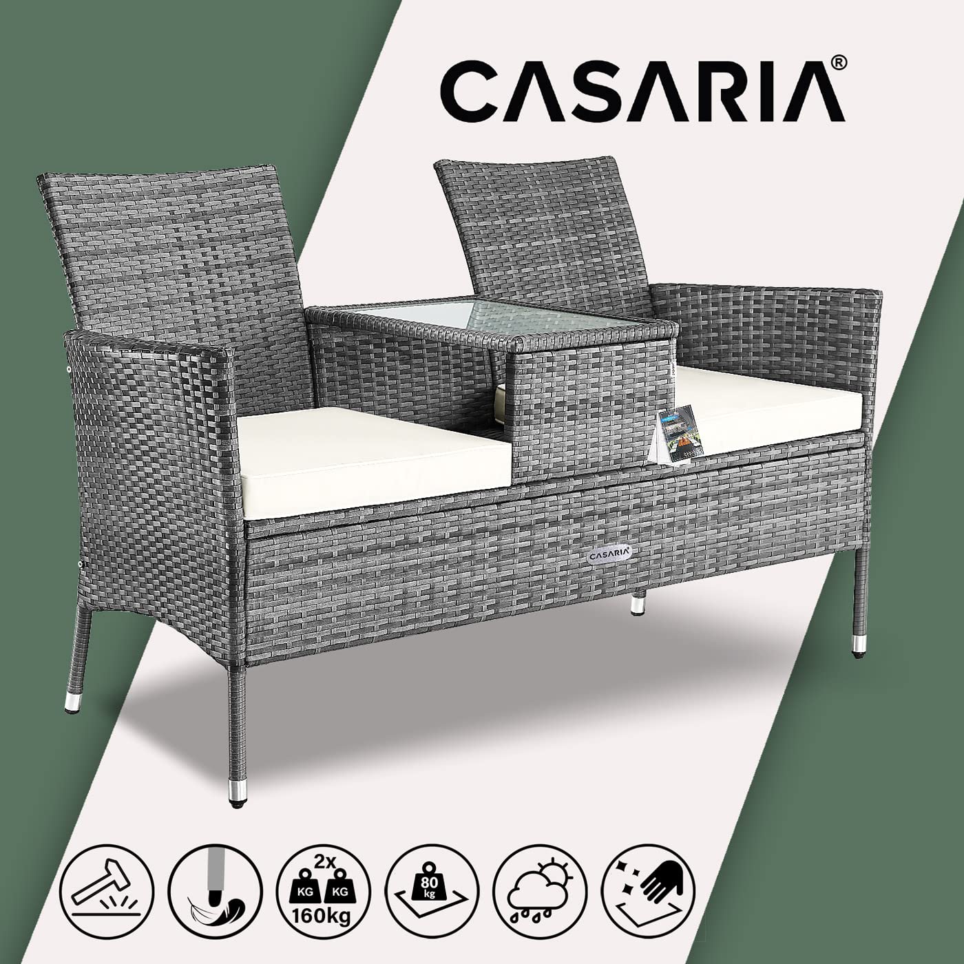 Casaria Panchina da Giardino Polyrattan Resistente 143x55x88cm 320kg (160kg per lato) Panca da Balcone 2 Posti Esterno Mobili Outdoor