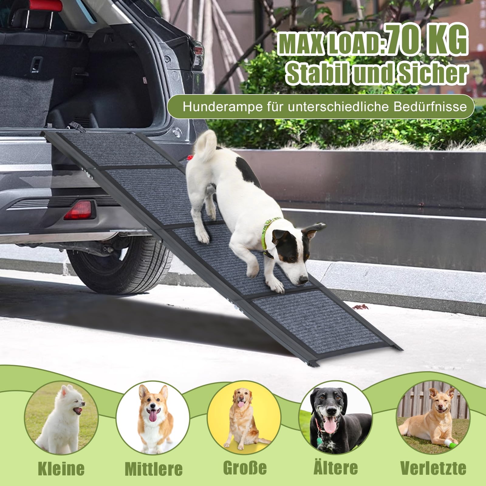 SMONTER 180cm Extra Long Hunderampe Auto klappbar mit High Traction Teppichoberfläch, einstiegshilfe Hunderampe für Autos, LKWs und SUV Stabil Rampe Hund für Große Und Mittel Hunde, Schwarz